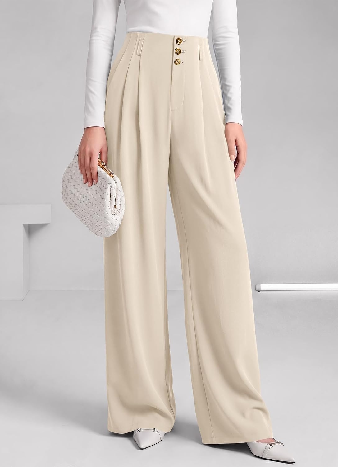 image:imageBTFBM Wide Leg Dress Pants Women Business Casual Outfits Elastic High Waisted Palazzo Pants Button Zip Up Closure Pleated Office Work Trousers With Pockets Fall Fashion 2026Beige