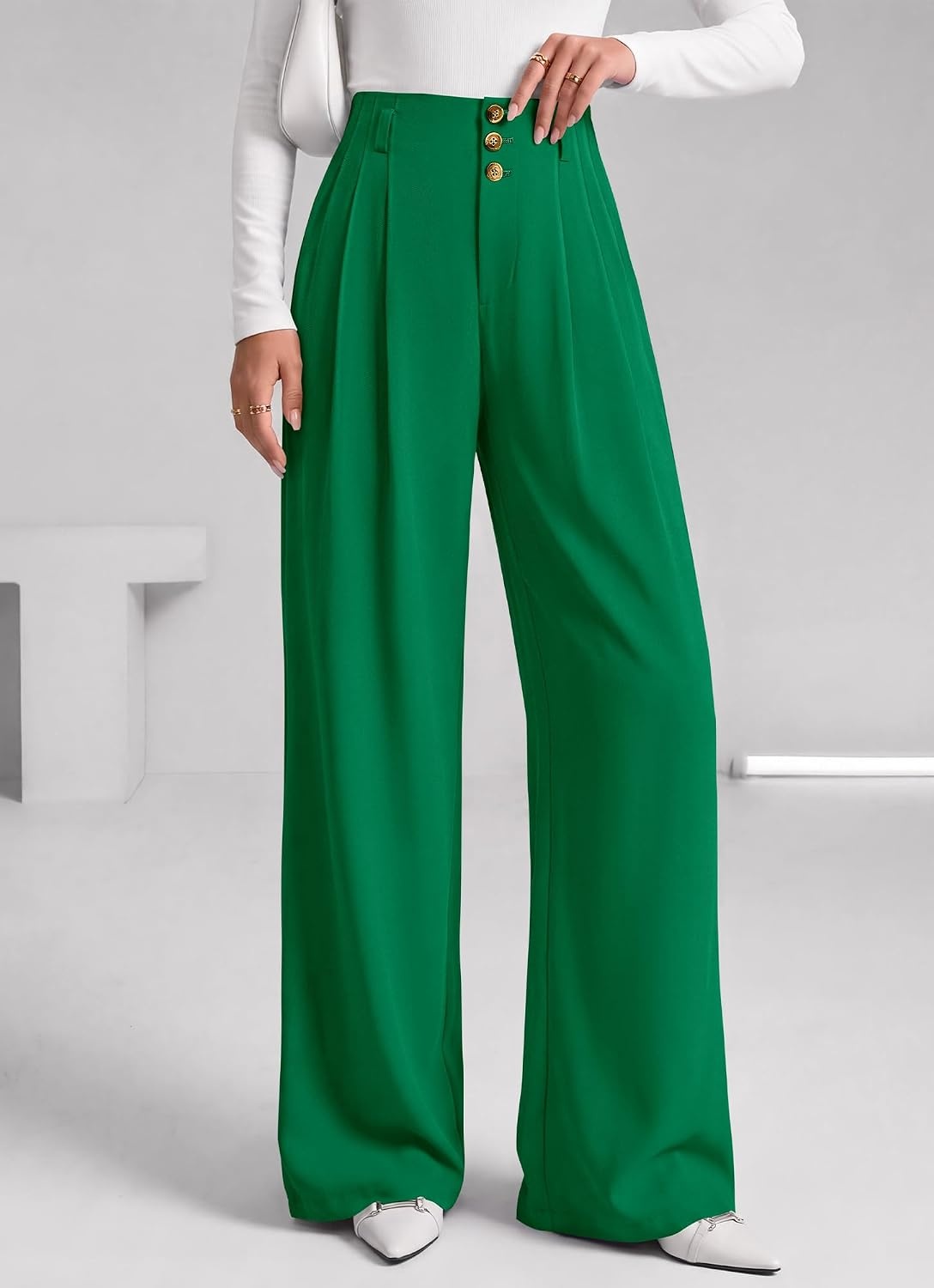 image:imageBTFBM Wide Leg Dress Pants Women Business Casual Outfits Elastic High Waisted Palazzo Pants Button Zip Up Closure Pleated Office Work Trousers With Pockets Fall Fashion 2026Green
