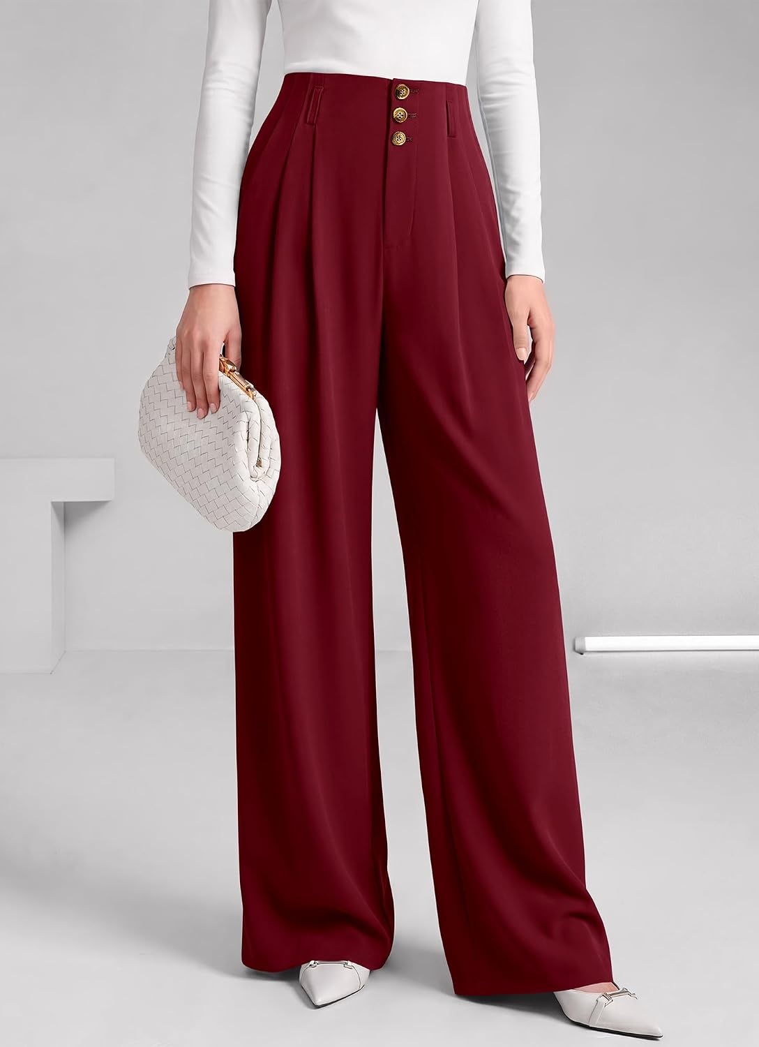 image:imageBTFBM Wide Leg Dress Pants Women Business Casual Outfits Elastic High Waisted Palazzo Pants Button Zip Up Closure Pleated Office Work Trousers With Pockets Fall Fashion 2026Burgundy