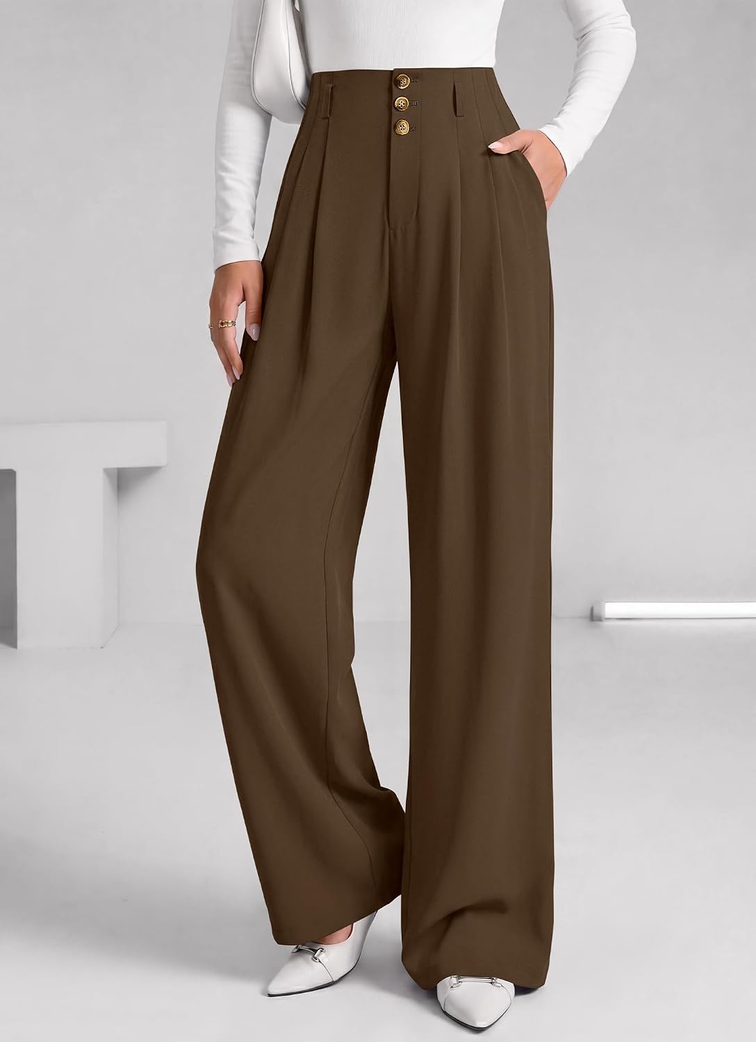 image:imageBTFBM Wide Leg Dress Pants Women Business Casual Outfits Elastic High Waisted Palazzo Pants Button Zip Up Closure Pleated Office Work Trousers With Pockets Fall Fashion 2026Brown