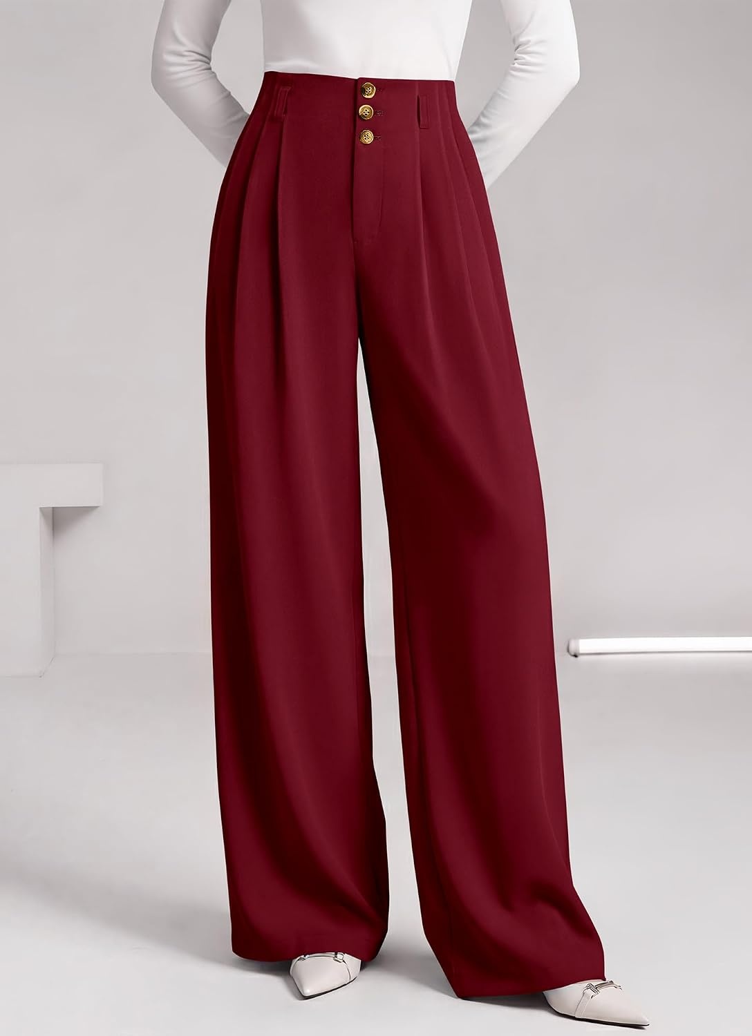 image:imageBTFBM Wide Leg Dress Pants Women Business Casual Outfits Elastic High Waisted Palazzo Pants Button Zip Up Closure Pleated Office Work Trousers With Pockets Fall Fashion 2026Burgundy