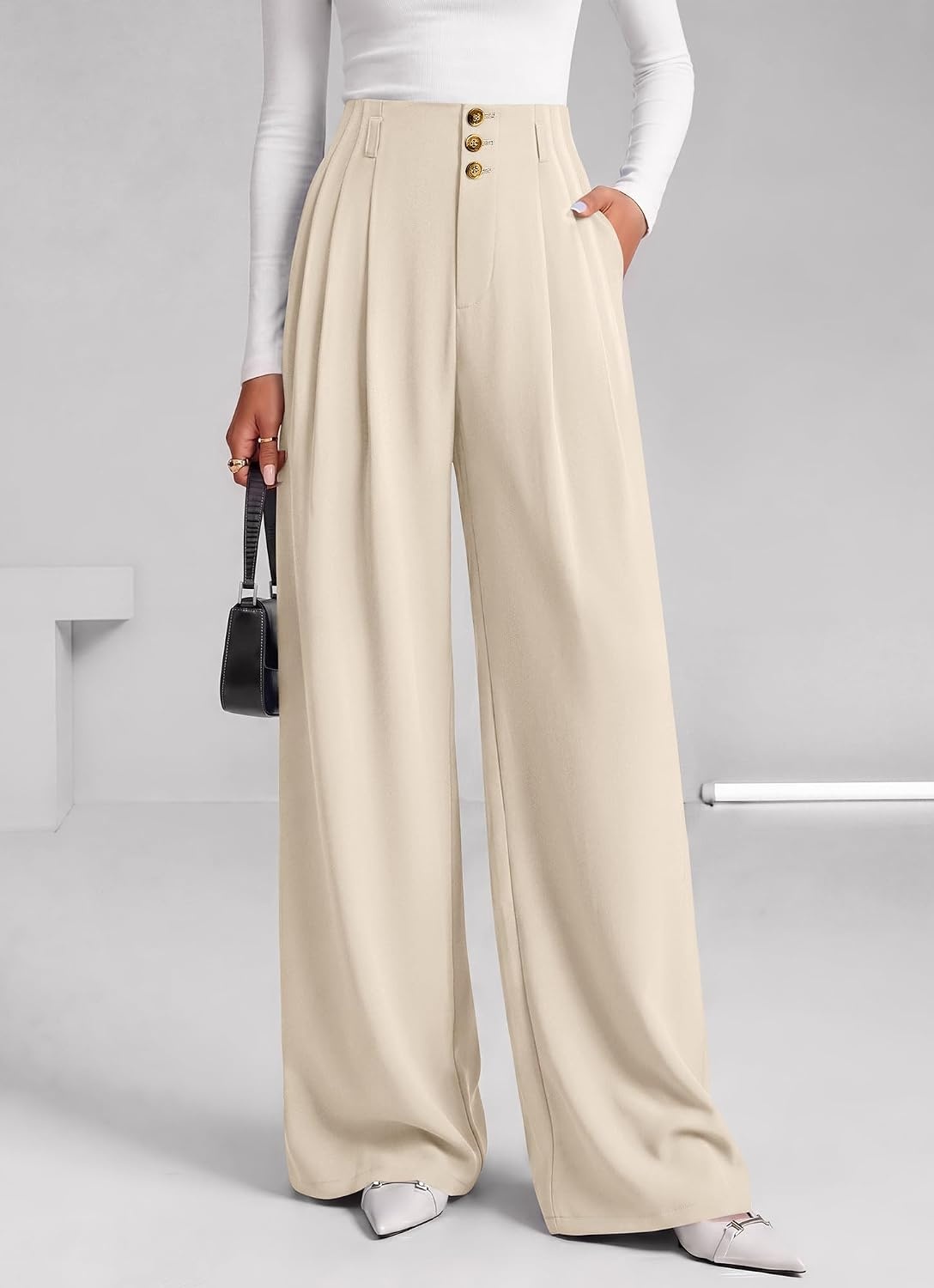 image:imageBTFBM Wide Leg Dress Pants Women Business Casual Outfits Elastic High Waisted Palazzo Pants Button Zip Up Closure Pleated Office Work Trousers With Pockets Fall Fashion 2026Beige