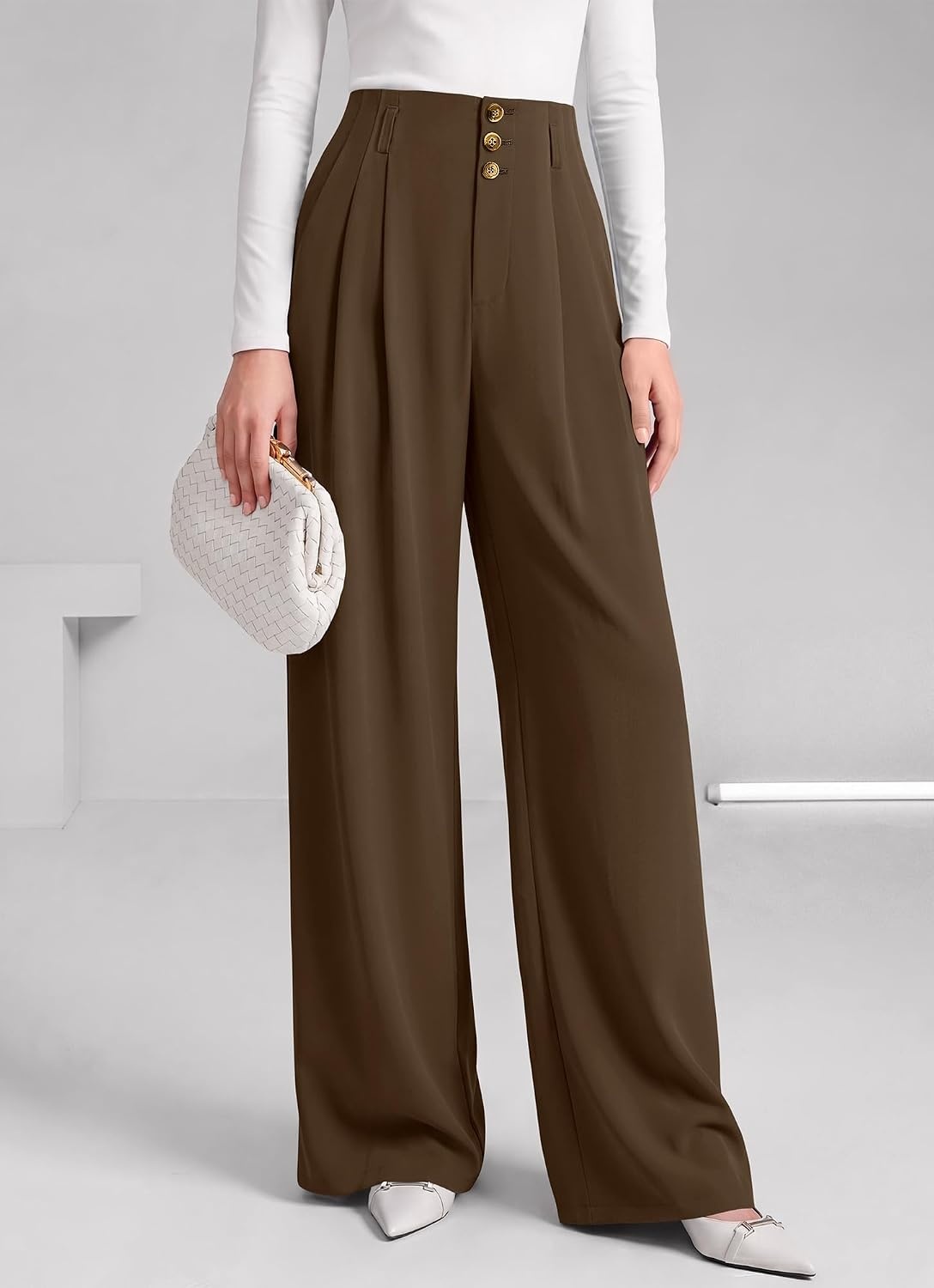 image:imageBTFBM Wide Leg Dress Pants Women Business Casual Outfits Elastic High Waisted Palazzo Pants Button Zip Up Closure Pleated Office Work Trousers With Pockets Fall Fashion 2026Brown