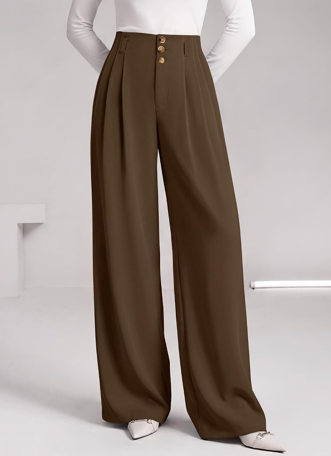 image:imageBTFBM Wide Leg Dress Pants Women Business Casual Outfits Elastic High Waisted Palazzo Pants Button Zip Up Closure Pleated Office Work Trousers With Pockets Fall Fashion 2026Brown