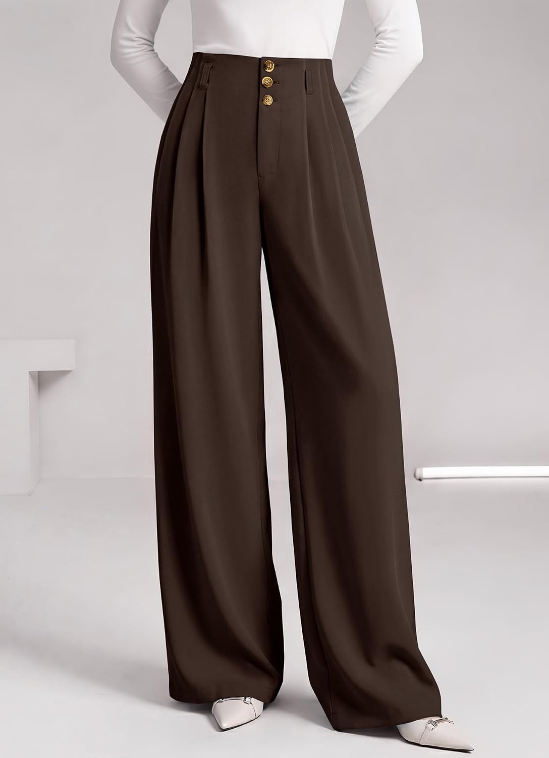 image:imageBTFBM Wide Leg Dress Pants Women Business Casual Outfits Elastic High Waisted Palazzo Pants Button Zip Up Closure Pleated Office Work Trousers With Pockets Fall Fashion 2026Dark Brown