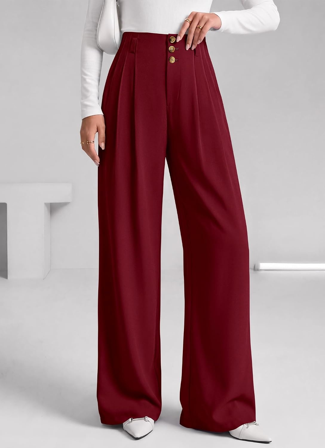 image:imageBTFBM Wide Leg Dress Pants Women Business Casual Outfits Elastic High Waisted Palazzo Pants Button Zip Up Closure Pleated Office Work Trousers With Pockets Fall Fashion 2026Burgundy