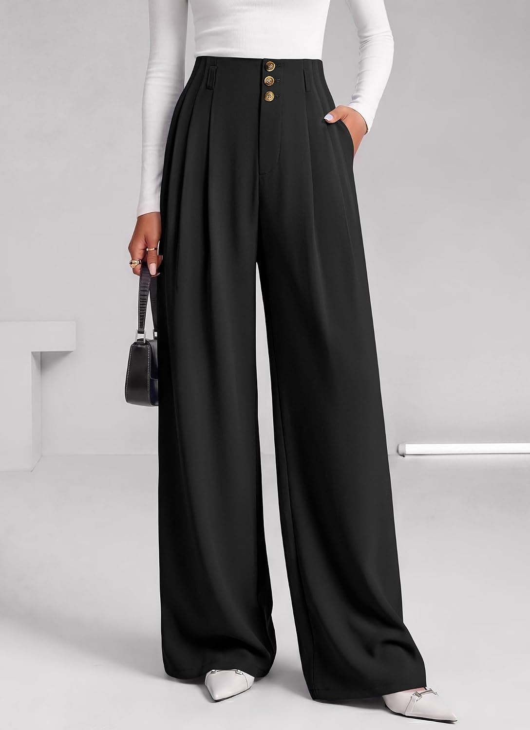 image:imageBTFBM Wide Leg Dress Pants Women Business Casual Outfits Elastic High Waisted Palazzo Pants Button Zip Up Closure Pleated Office Work Trousers With Pockets Fall Fashion 2026Black