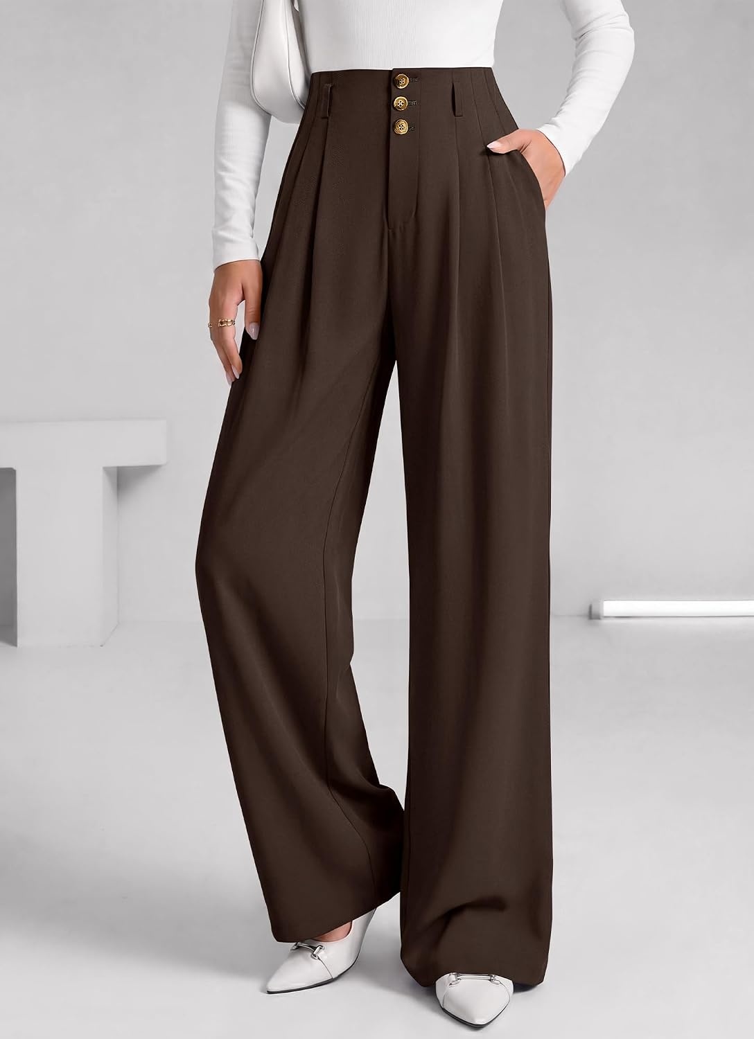 image:imageBTFBM Wide Leg Dress Pants Women Business Casual Outfits Elastic High Waisted Palazzo Pants Button Zip Up Closure Pleated Office Work Trousers With Pockets Fall Fashion 2026Dark Brown