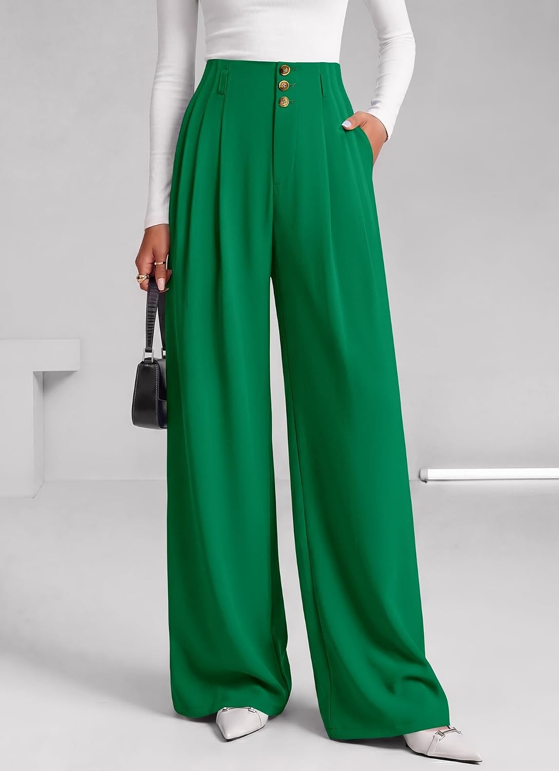 image:imageBTFBM Wide Leg Dress Pants Women Business Casual Outfits Elastic High Waisted Palazzo Pants Button Zip Up Closure Pleated Office Work Trousers With Pockets Fall Fashion 2026Green