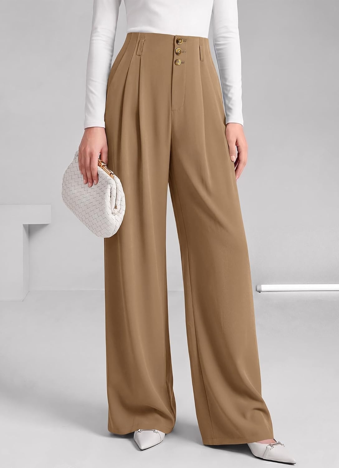 image:imageBTFBM Wide Leg Dress Pants Women Business Casual Outfits Elastic High Waisted Palazzo Pants Button Zip Up Closure Pleated Office Work Trousers With Pockets Fall Fashion 2026Khaki