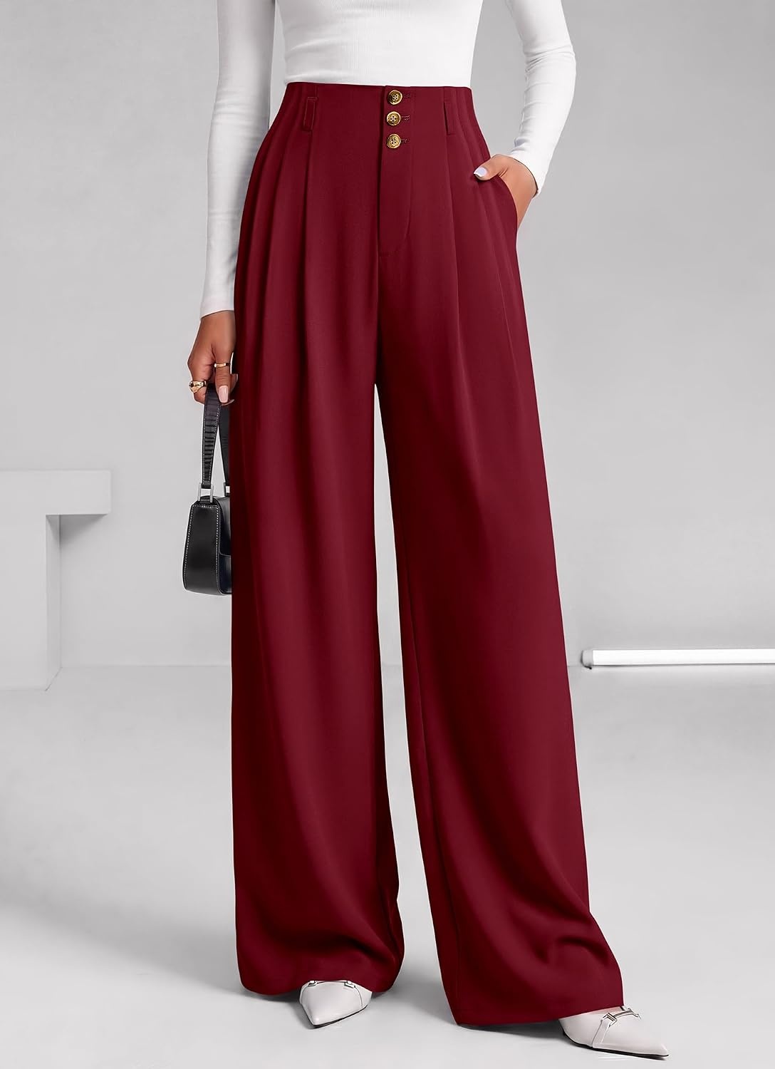 image:imageBTFBM Wide Leg Dress Pants Women Business Casual Outfits Elastic High Waisted Palazzo Pants Button Zip Up Closure Pleated Office Work Trousers With Pockets Fall Fashion 2026Burgundy
