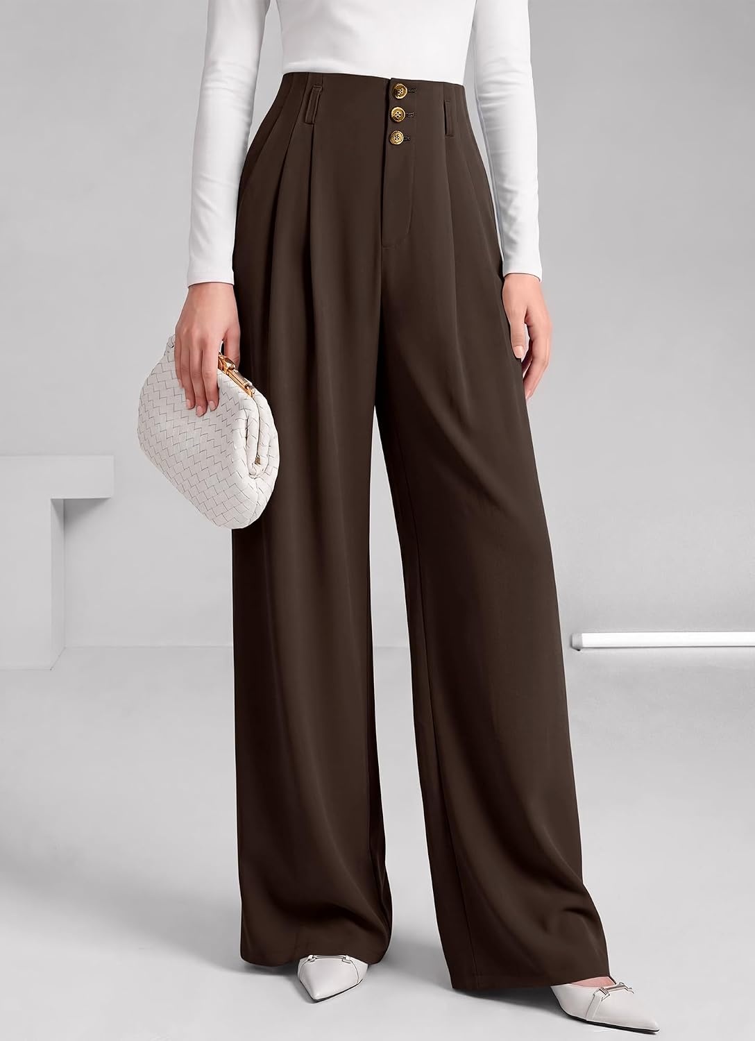 image:imageBTFBM Wide Leg Dress Pants Women Business Casual Outfits Elastic High Waisted Palazzo Pants Button Zip Up Closure Pleated Office Work Trousers With Pockets Fall Fashion 2026Dark Brown