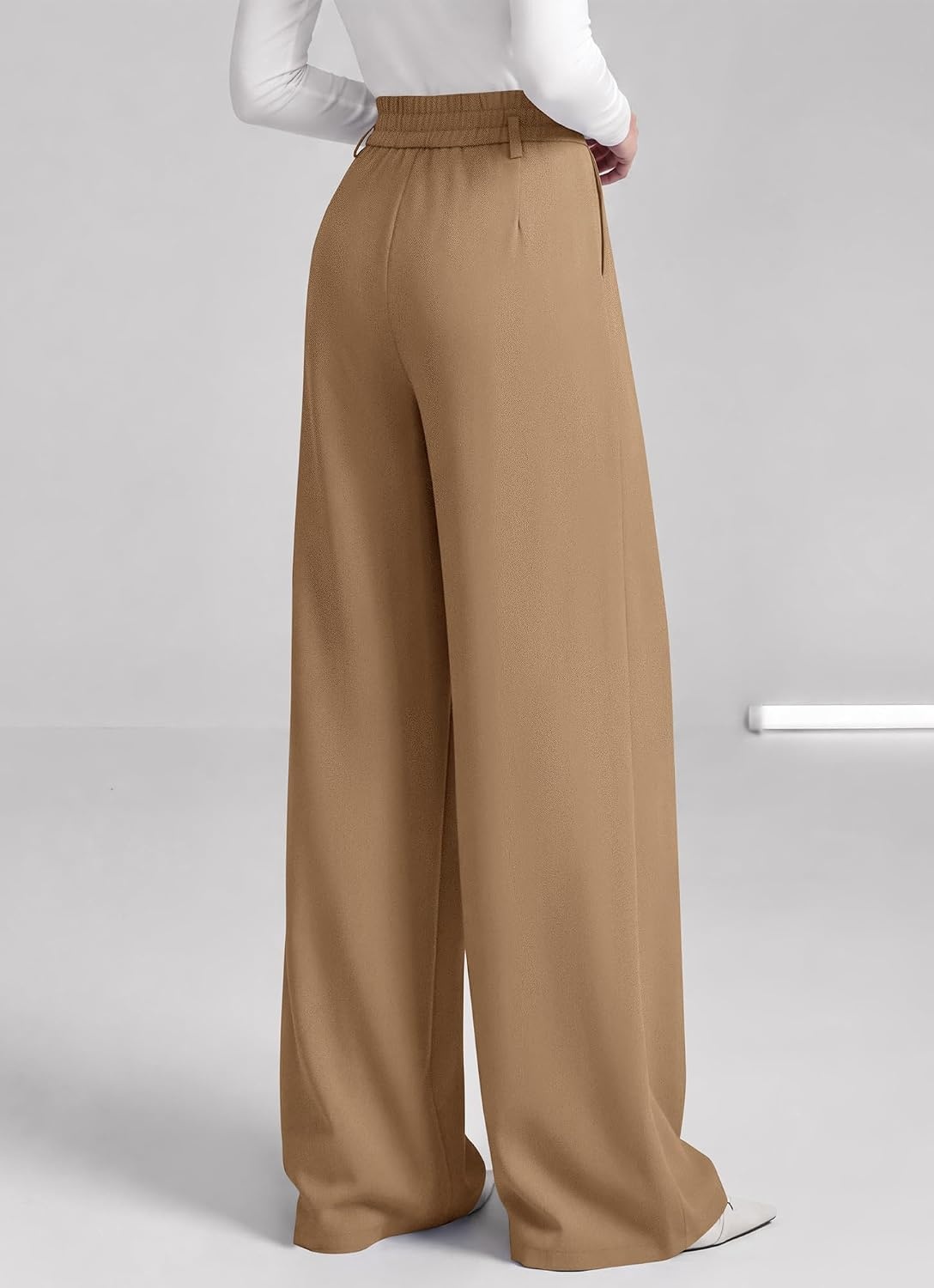 image:imageBTFBM Wide Leg Dress Pants Women Business Casual Outfits Elastic High Waisted Palazzo Pants Button Zip Up Closure Pleated Office Work Trousers With Pockets Fall Fashion 2026Khaki
