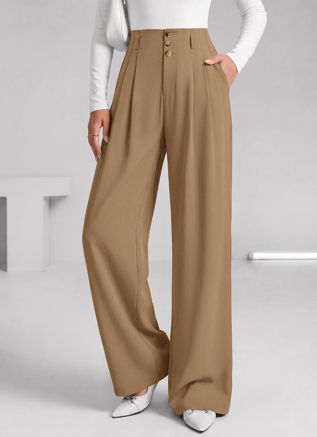 image:imageBTFBM Wide Leg Dress Pants Women Business Casual Outfits Elastic High Waisted Palazzo Pants Button Zip Up Closure Pleated Office Work Trousers With Pockets Fall Fashion 2026Khaki