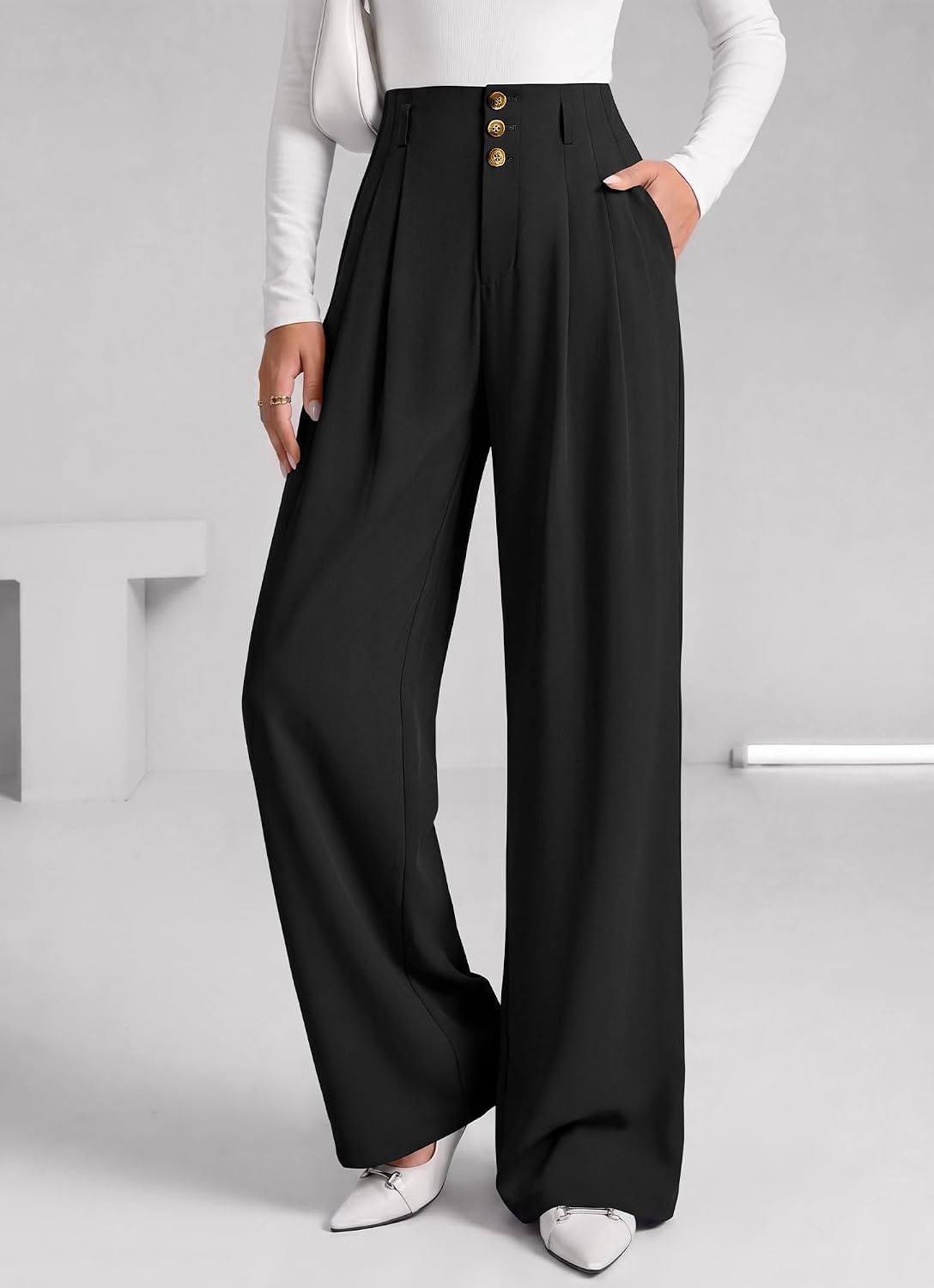 image:imageBTFBM Wide Leg Dress Pants Women Business Casual Outfits Elastic High Waisted Palazzo Pants Button Zip Up Closure Pleated Office Work Trousers With Pockets Fall Fashion 2026Black