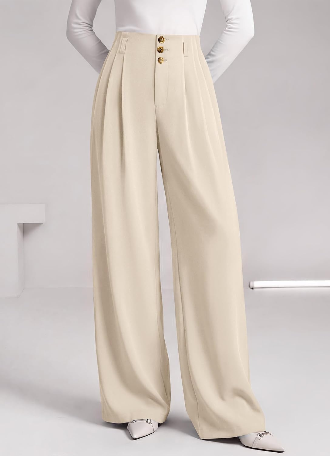 image:imageBTFBM Wide Leg Dress Pants Women Business Casual Outfits Elastic High Waisted Palazzo Pants Button Zip Up Closure Pleated Office Work Trousers With Pockets Fall Fashion 2026Beige