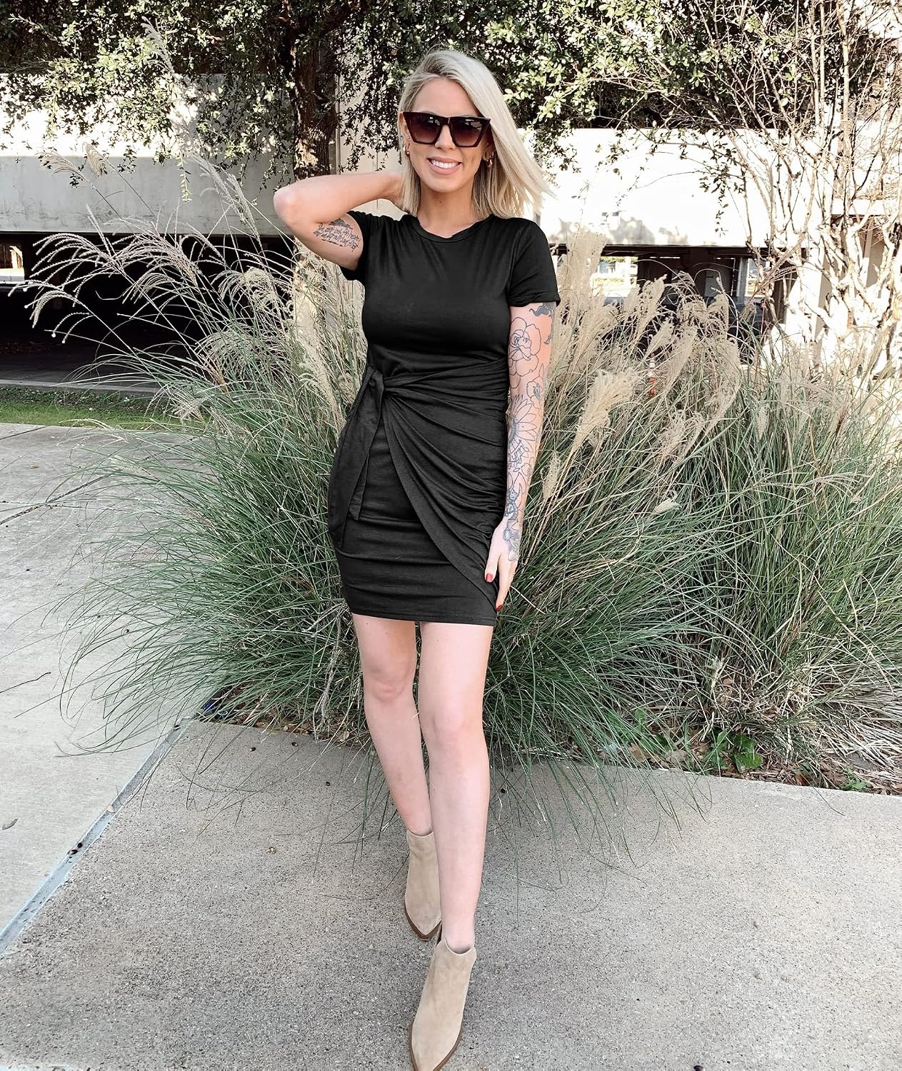 image:imageBTFBM Women 2026 Summer Casual Short Sleeve Ruched Bodycon Tank T Shirt Dress Tie Waist Sun Beach Spring Mini DressesShort Sleeve Black