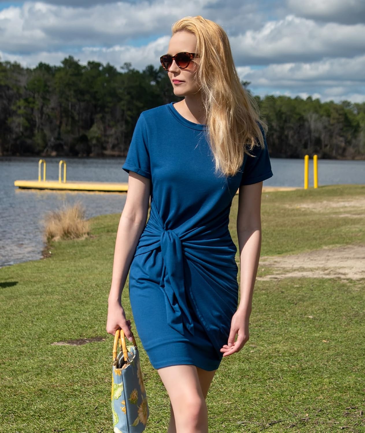 image:imageBTFBM Women 2026 Summer Casual Short Sleeve Ruched Bodycon Tank T Shirt Dress Tie Waist Sun Beach Spring Mini DressesShort Sleeve Dark Blue