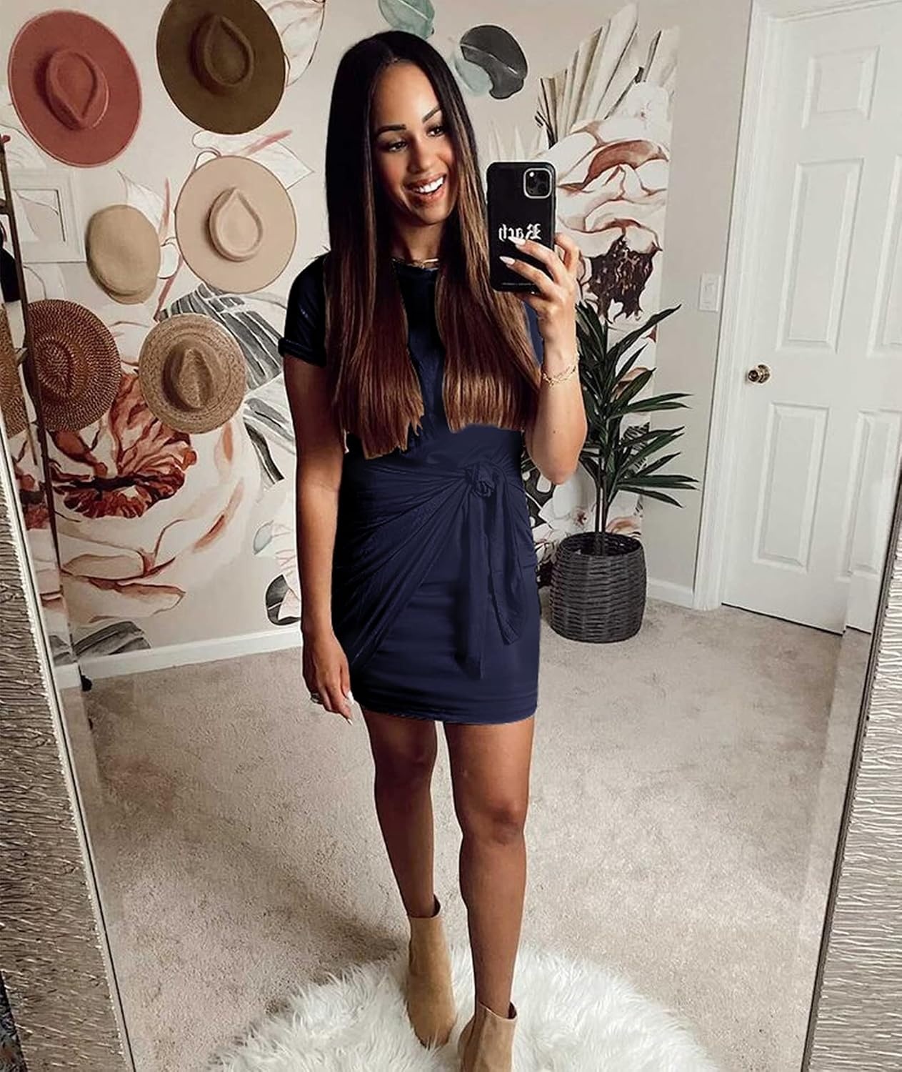 image:imageBTFBM Women 2026 Summer Casual Short Sleeve Ruched Bodycon Tank T Shirt Dress Tie Waist Sun Beach Spring Mini DressesShort Sleeve Navy