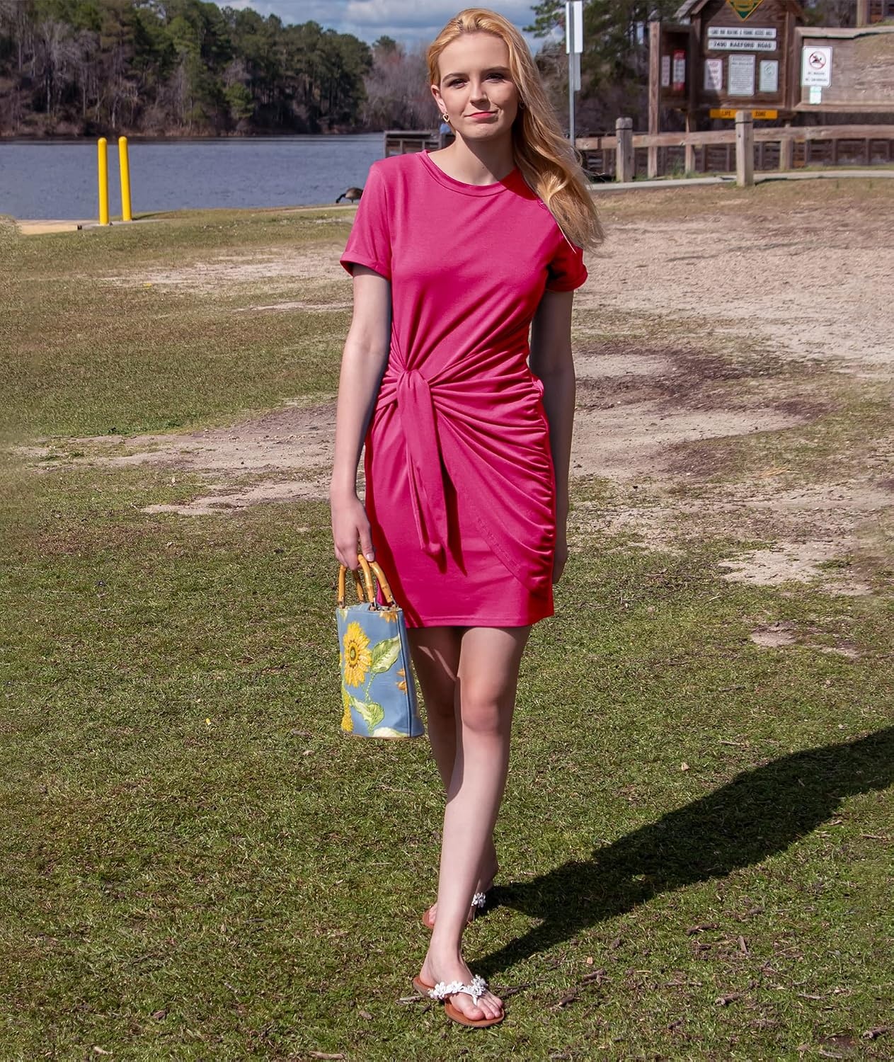 image:imageBTFBM Women 2026 Summer Casual Short Sleeve Ruched Bodycon Tank T Shirt Dress Tie Waist Sun Beach Spring Mini DressesShort Sleeve Rose Red