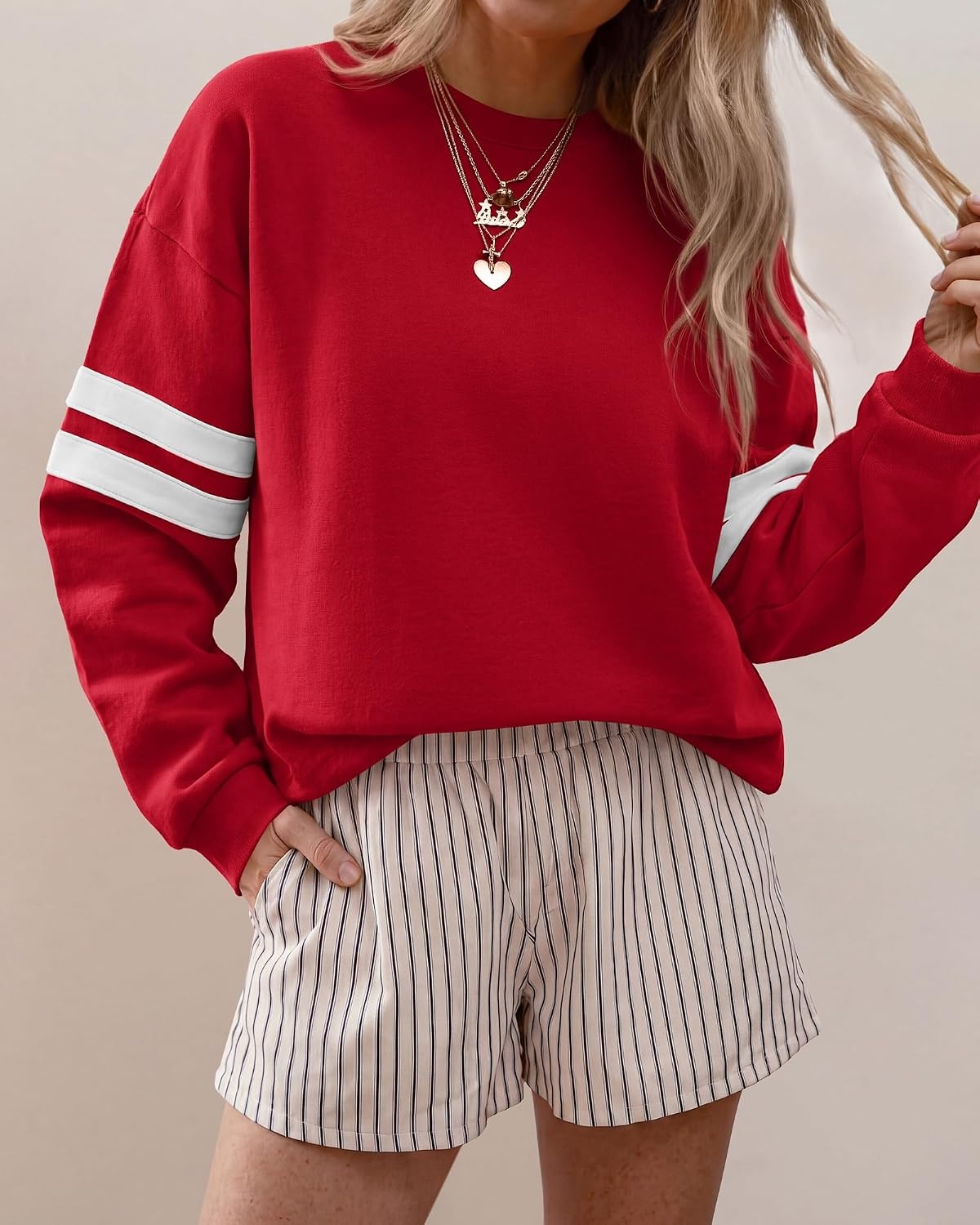 image:imageBTFBM Womens Oversized Sweatshirt Varsity Striped Tops Casual Long Sleeve Crewneck Drop Shoulder Knit Pullover SweatshirtsRetro SportyWorkSchoolHoliday2026 Fall WinterRed