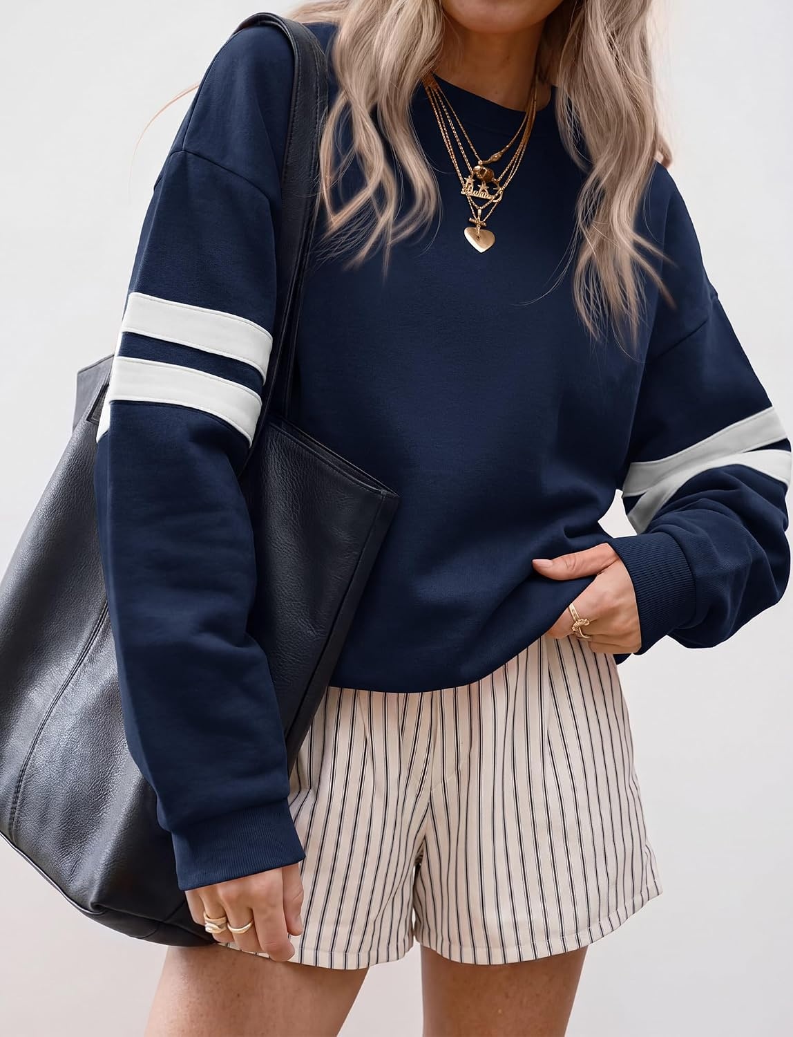 image:imageBTFBM Womens Oversized Sweatshirt Varsity Striped Tops Casual Long Sleeve Crewneck Drop Shoulder Knit Pullover SweatshirtsRetro SportyWorkSchoolHoliday2026 Fall WinterNavy Blue