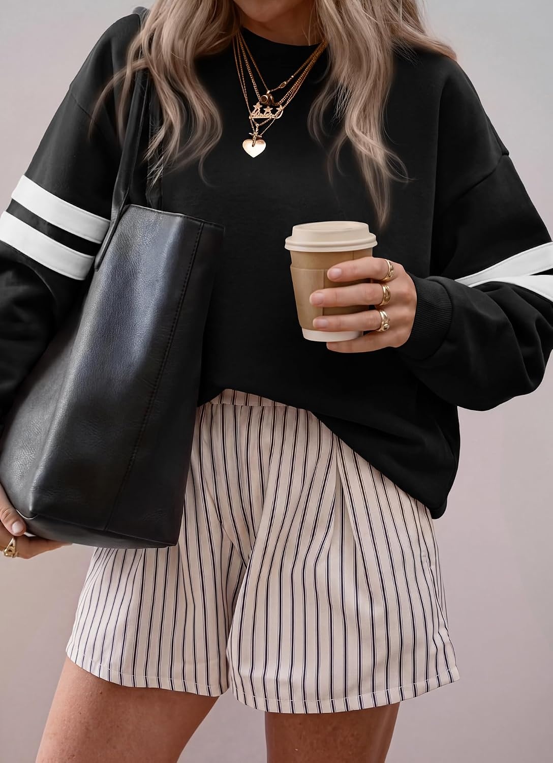 image:imageBTFBM Womens Oversized Sweatshirt Varsity Striped Tops Casual Long Sleeve Crewneck Drop Shoulder Knit Pullover SweatshirtsRetro SportyWorkSchoolHoliday2026 Fall WinterBlack