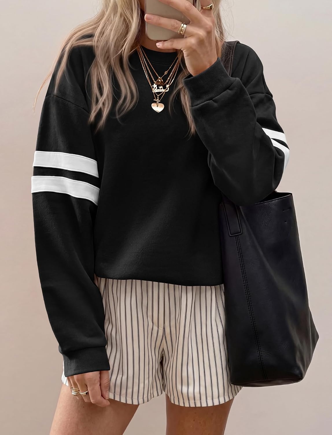 image:imageBTFBM Womens Oversized Sweatshirt Varsity Striped Tops Casual Long Sleeve Crewneck Drop Shoulder Knit Pullover SweatshirtsRetro SportyWorkSchoolHoliday2026 Fall WinterBlack
