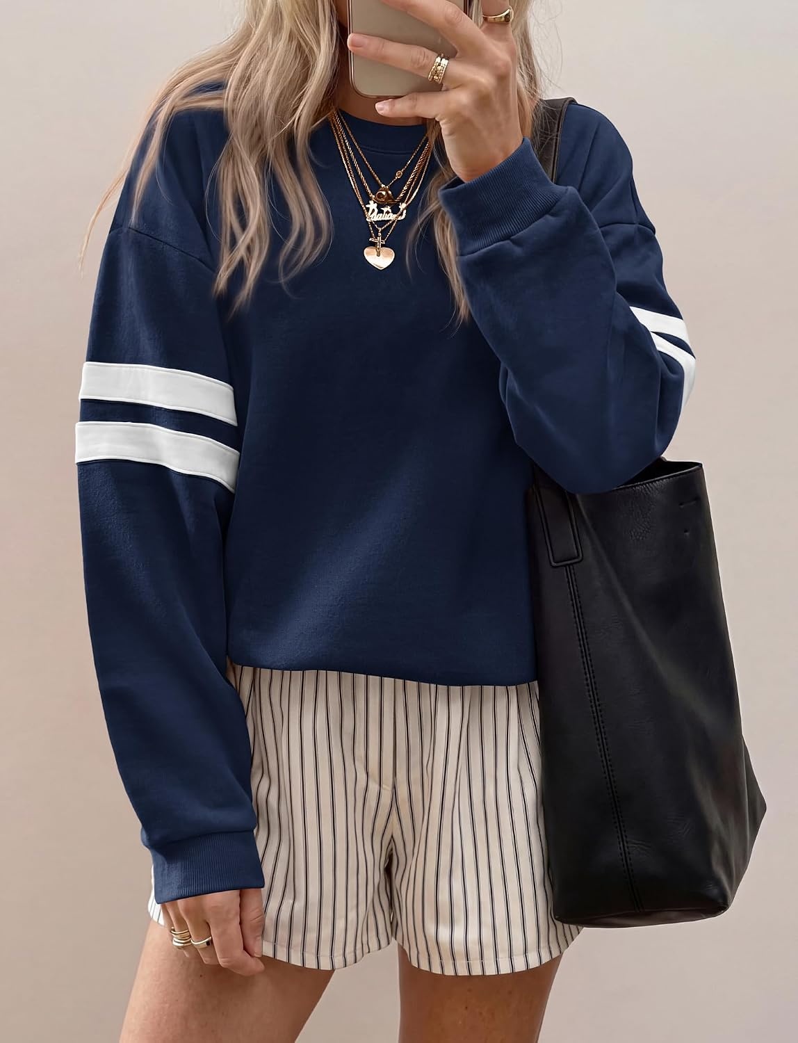 image:imageBTFBM Womens Oversized Sweatshirt Varsity Striped Tops Casual Long Sleeve Crewneck Drop Shoulder Knit Pullover SweatshirtsRetro SportyWorkSchoolHoliday2026 Fall WinterNavy Blue