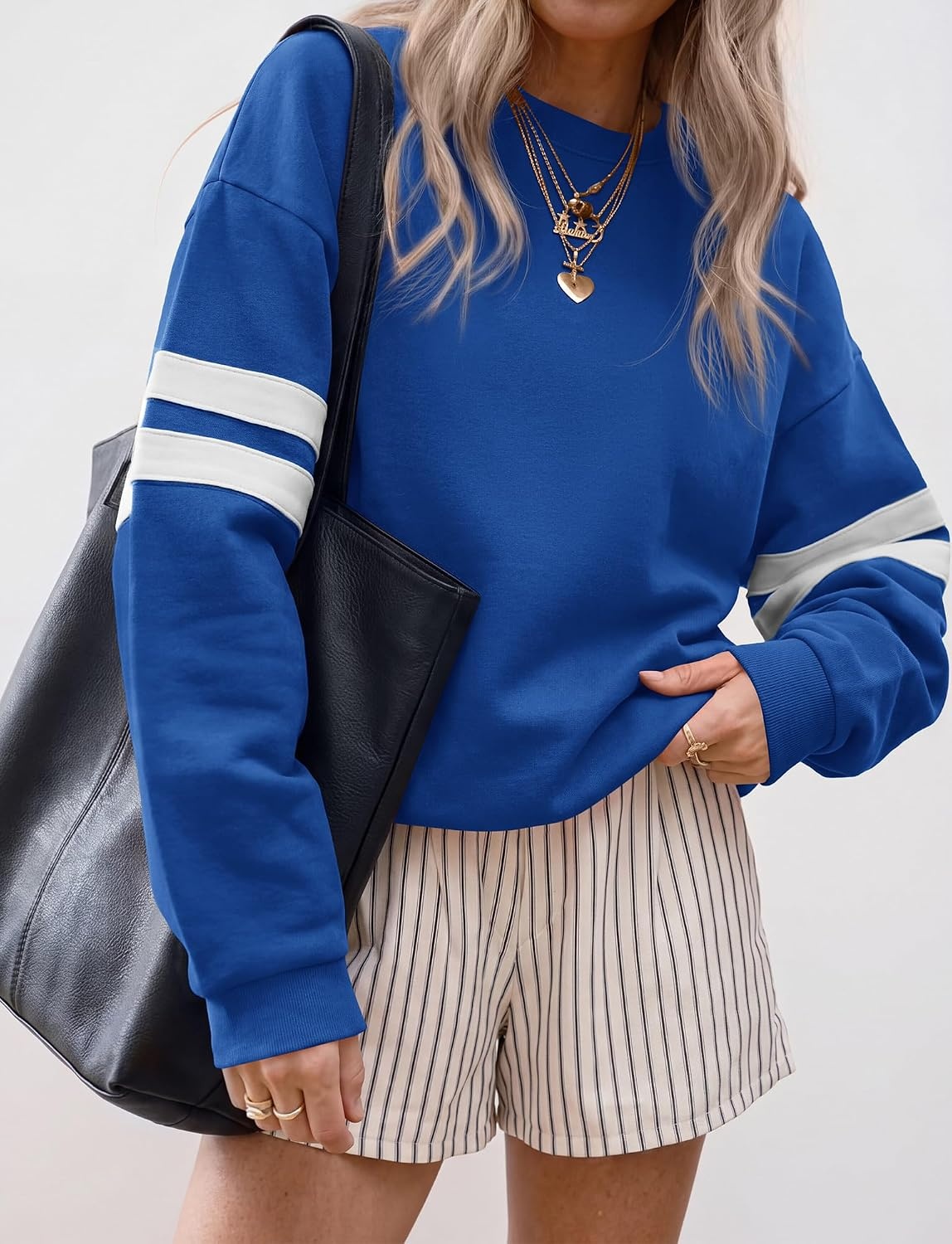 image:imageBTFBM Womens Oversized Sweatshirt Varsity Striped Tops Casual Long Sleeve Crewneck Drop Shoulder Knit Pullover SweatshirtsRetro SportyWorkSchoolHoliday2026 Fall WinterBlue