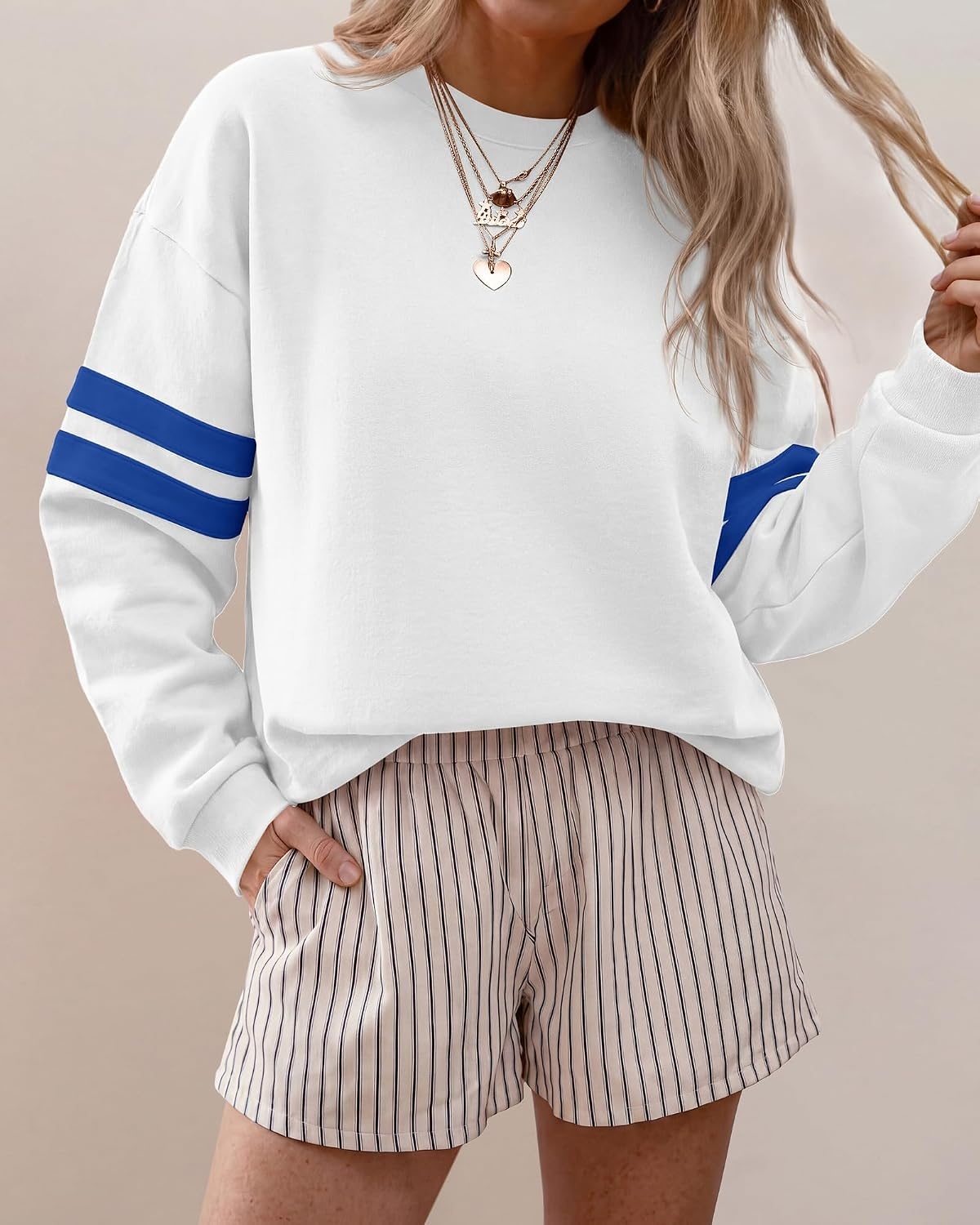 image:imageBTFBM Womens Oversized Sweatshirt Varsity Striped Tops Casual Long Sleeve Crewneck Drop Shoulder Knit Pullover SweatshirtsRetro SportyWorkSchoolHoliday2026 Fall WinterWhite