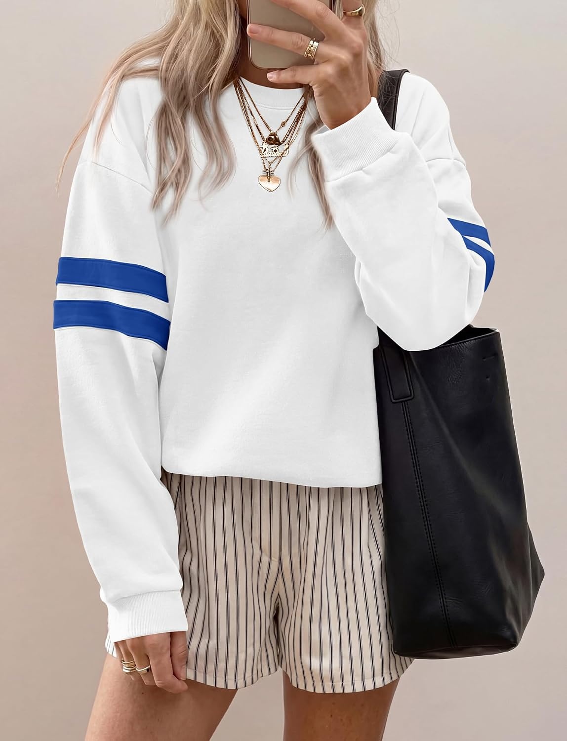 image:imageBTFBM Womens Oversized Sweatshirt Varsity Striped Tops Casual Long Sleeve Crewneck Drop Shoulder Knit Pullover SweatshirtsRetro SportyWorkSchoolHoliday2026 Fall WinterWhite