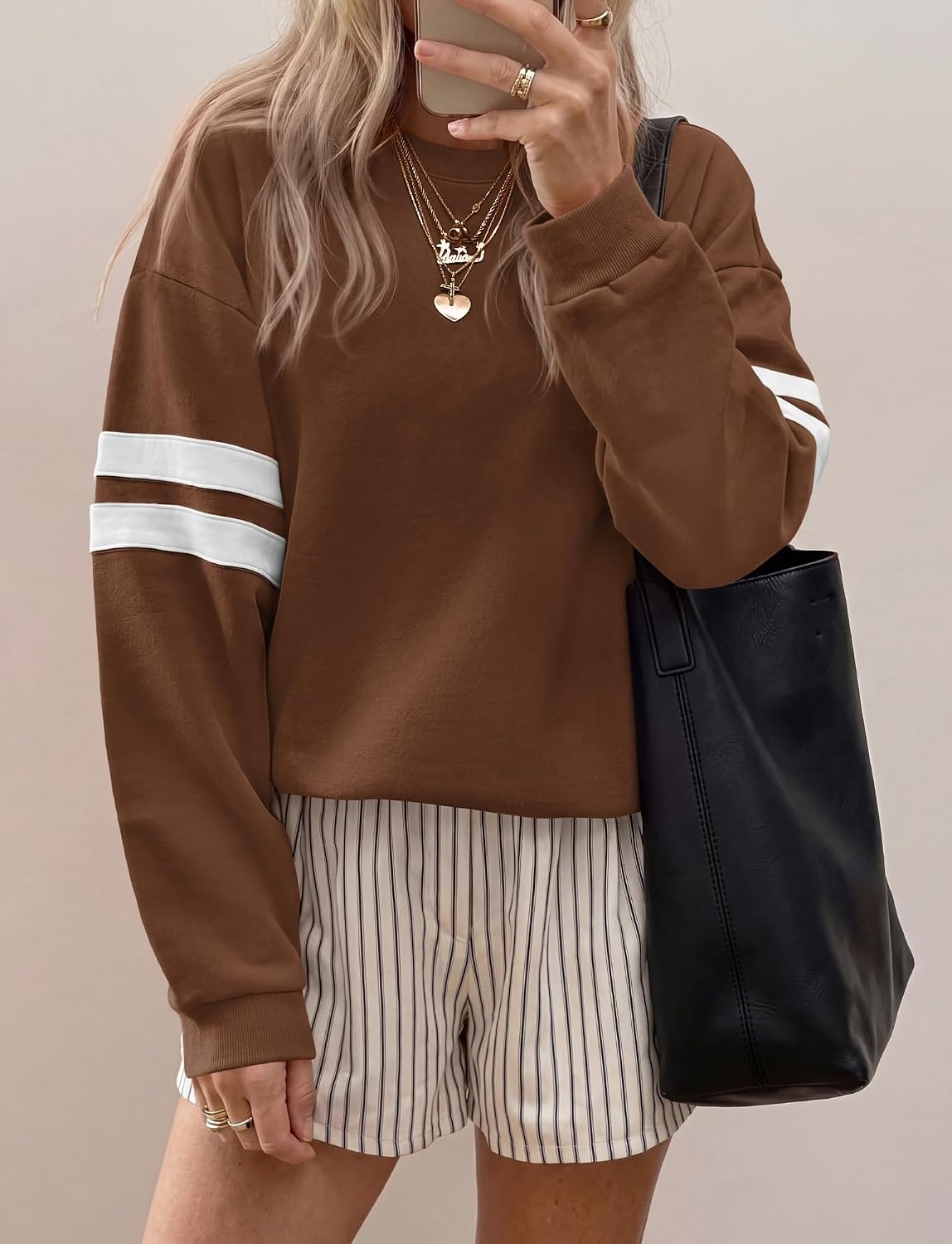 image:imageBTFBM Womens Oversized Sweatshirt Varsity Striped Tops Casual Long Sleeve Crewneck Drop Shoulder Knit Pullover SweatshirtsRetro SportyWorkSchoolHoliday2026 Fall WinterBrown