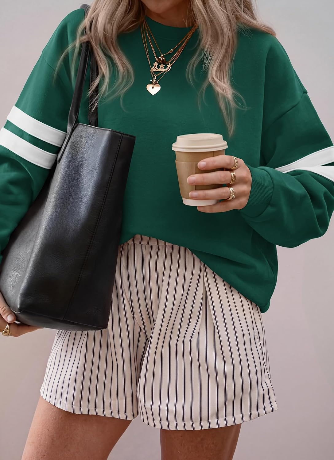 image:imageBTFBM Womens Oversized Sweatshirt Varsity Striped Tops Casual Long Sleeve Crewneck Drop Shoulder Knit Pullover SweatshirtsRetro SportyWorkSchoolHoliday2026 Fall WinterGreen
