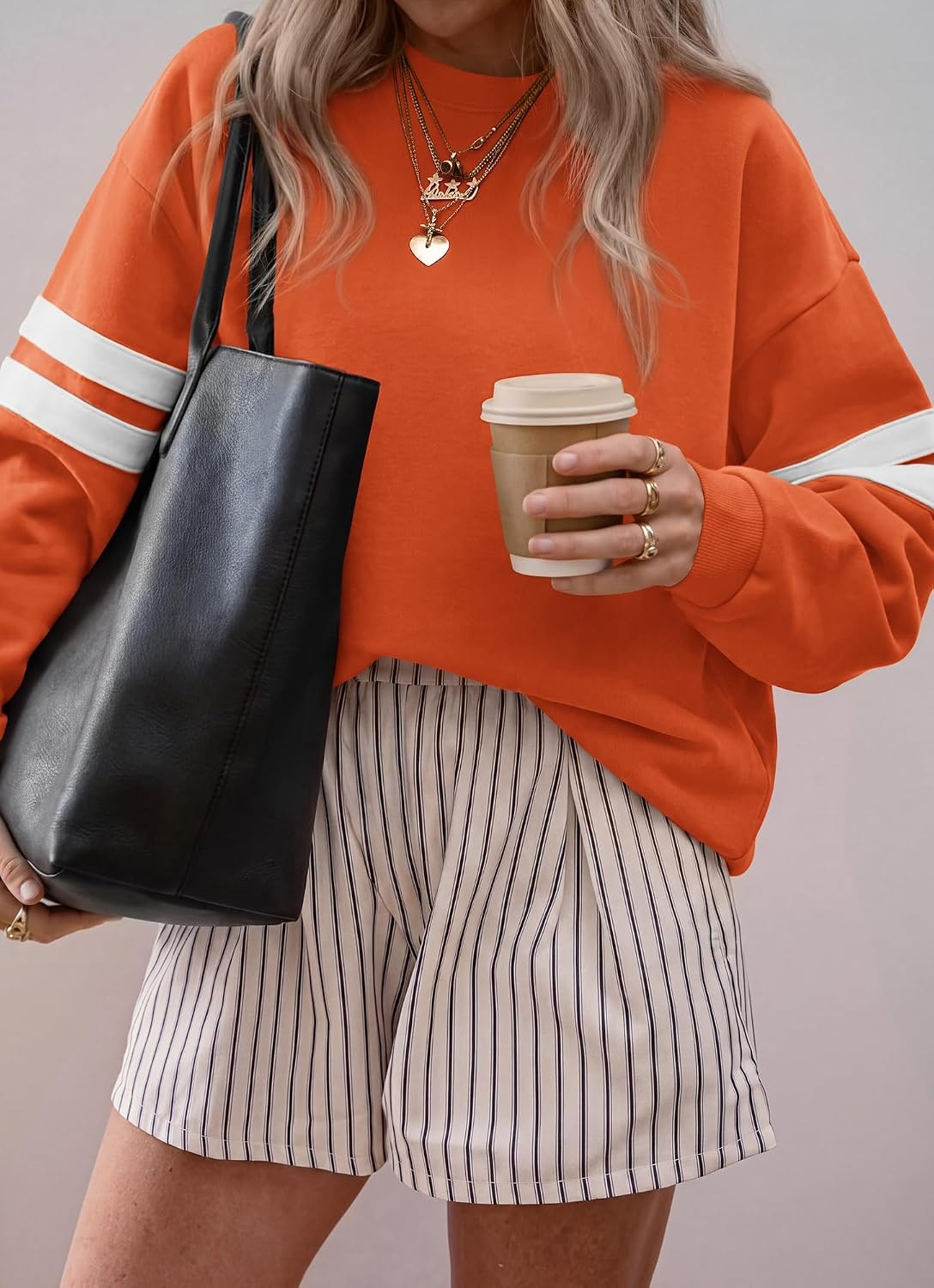 image:imageBTFBM Womens Oversized Sweatshirt Varsity Striped Tops Casual Long Sleeve Crewneck Drop Shoulder Knit Pullover SweatshirtsRetro SportyWorkSchoolHoliday2026 Fall WinterOrange
