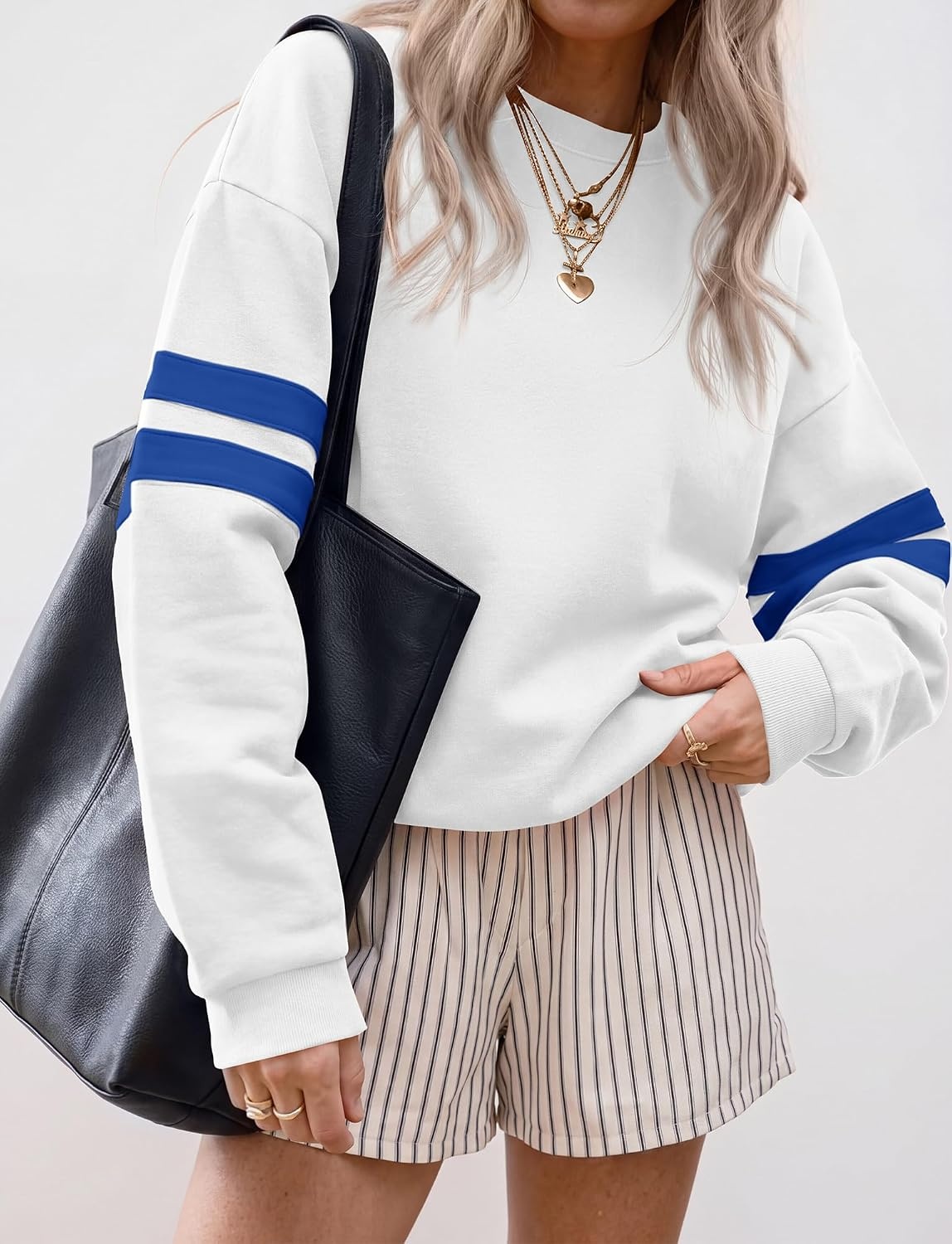 image:imageBTFBM Womens Oversized Sweatshirt Varsity Striped Tops Casual Long Sleeve Crewneck Drop Shoulder Knit Pullover SweatshirtsRetro SportyWorkSchoolHoliday2026 Fall WinterWhite