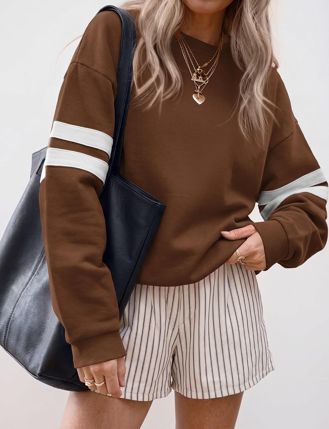 image:imageBTFBM Womens Oversized Sweatshirt Varsity Striped Tops Casual Long Sleeve Crewneck Drop Shoulder Knit Pullover SweatshirtsRetro SportyWorkSchoolHoliday2026 Fall WinterBrown