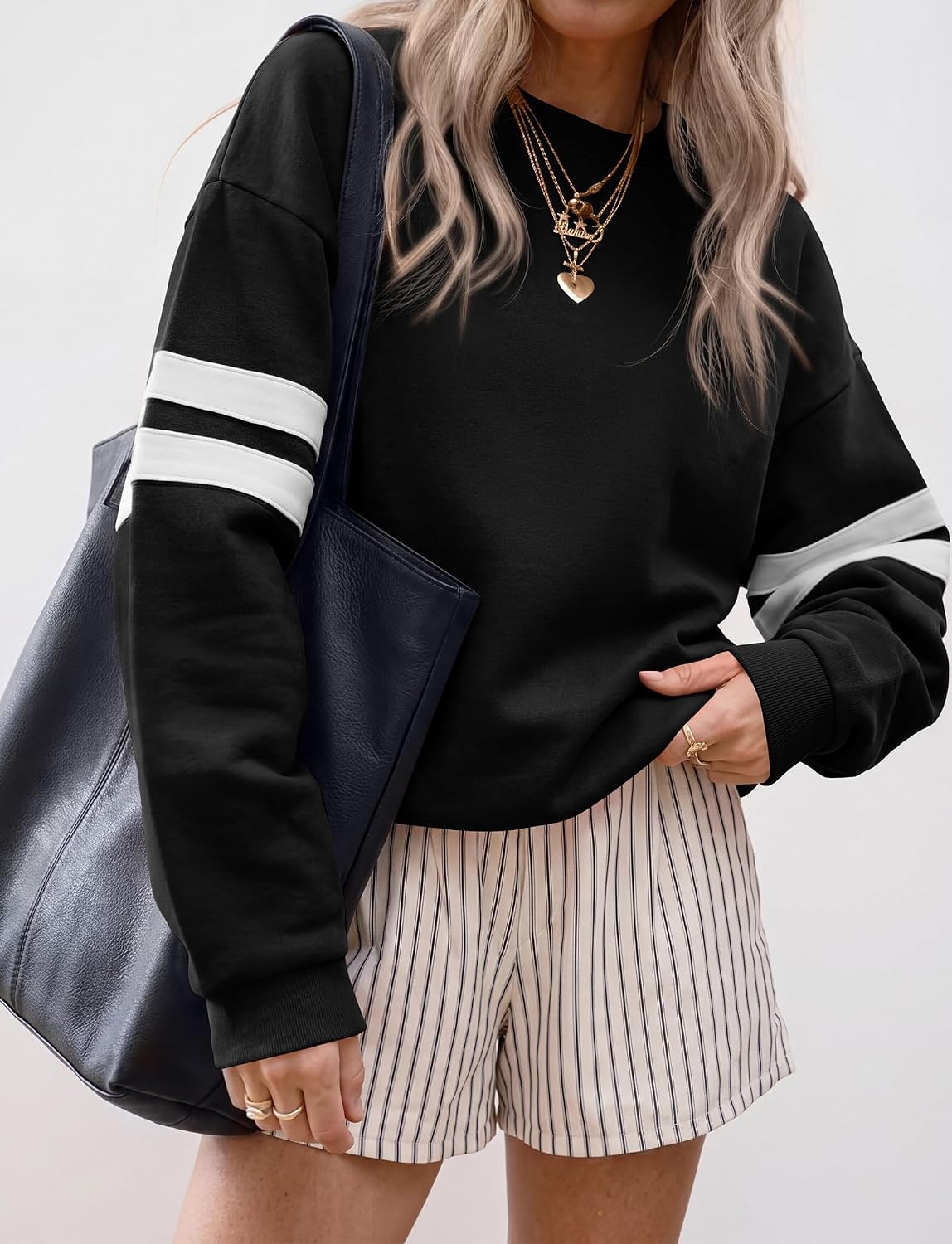 image:imageBTFBM Womens Oversized Sweatshirt Varsity Striped Tops Casual Long Sleeve Crewneck Drop Shoulder Knit Pullover SweatshirtsRetro SportyWorkSchoolHoliday2026 Fall WinterBlack