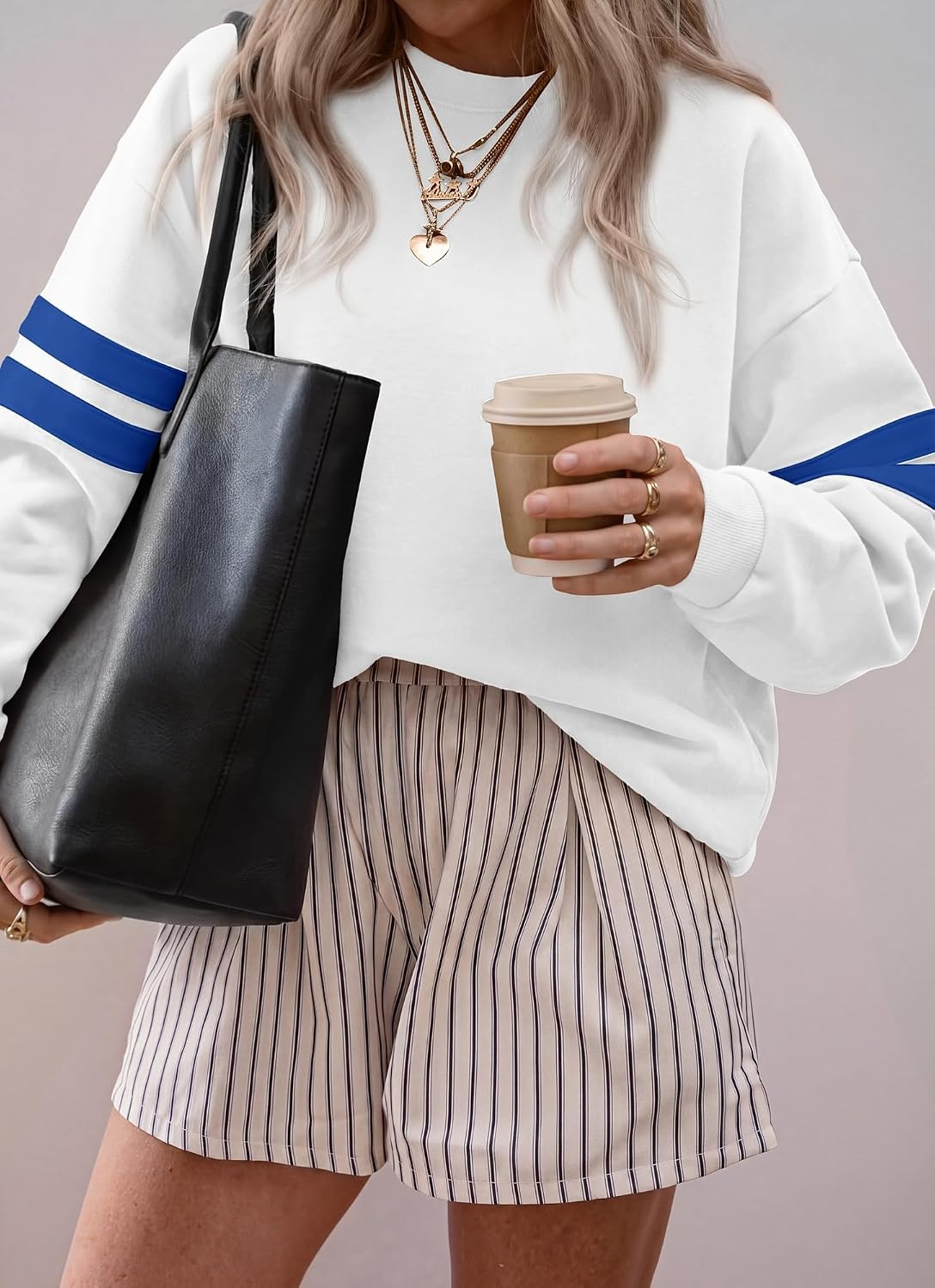 image:imageBTFBM Womens Oversized Sweatshirt Varsity Striped Tops Casual Long Sleeve Crewneck Drop Shoulder Knit Pullover SweatshirtsRetro SportyWorkSchoolHoliday2026 Fall WinterWhite