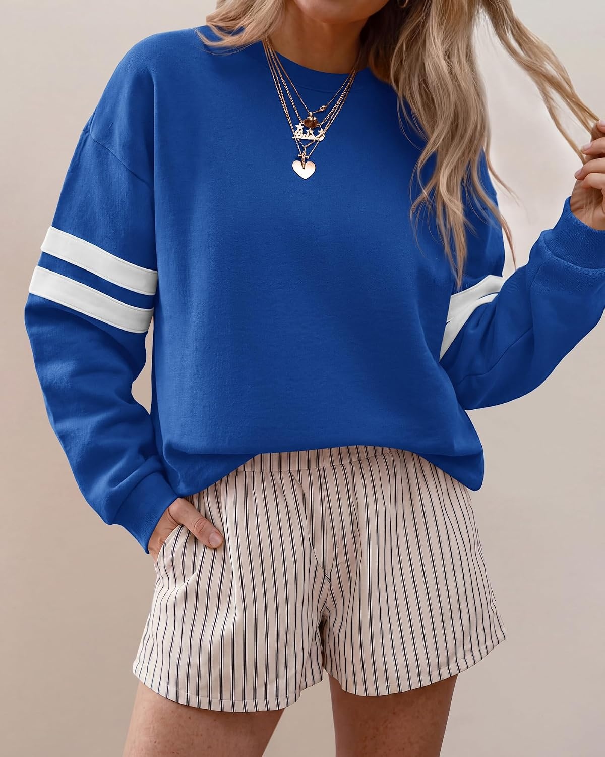 image:imageBTFBM Womens Oversized Sweatshirt Varsity Striped Tops Casual Long Sleeve Crewneck Drop Shoulder Knit Pullover SweatshirtsRetro SportyWorkSchoolHoliday2026 Fall WinterBlue
