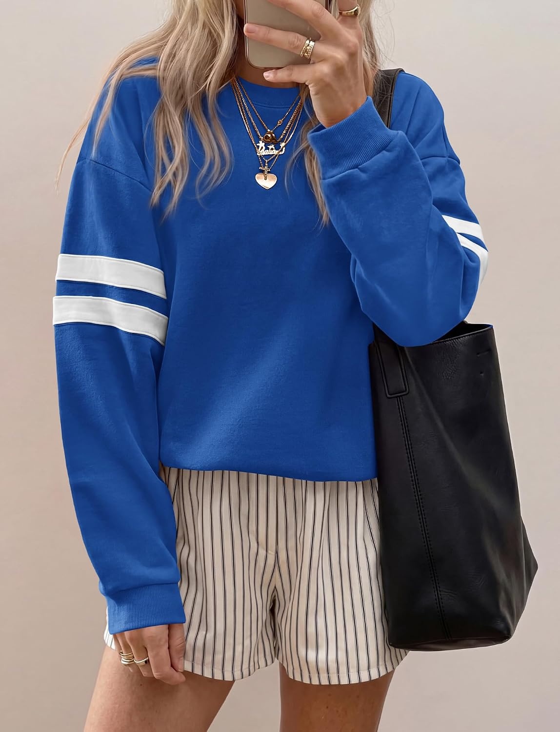 image:imageBTFBM Womens Oversized Sweatshirt Varsity Striped Tops Casual Long Sleeve Crewneck Drop Shoulder Knit Pullover SweatshirtsRetro SportyWorkSchoolHoliday2026 Fall WinterBlue