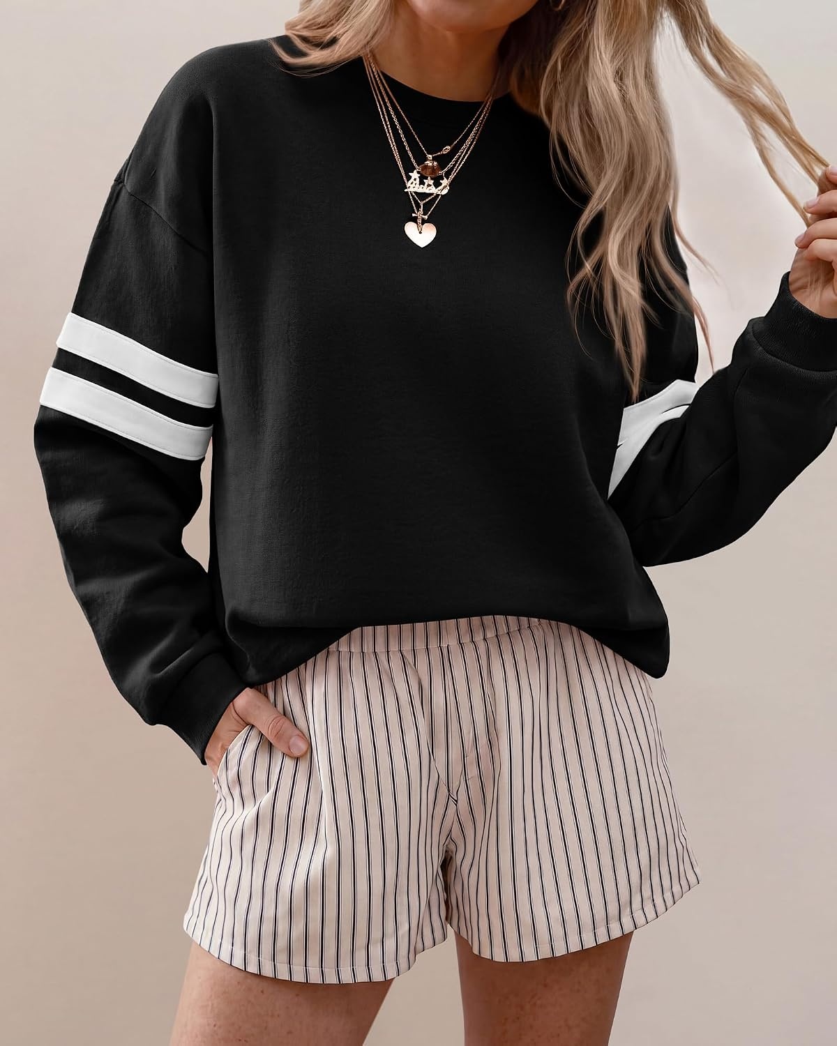 image:imageBTFBM Womens Oversized Sweatshirt Varsity Striped Tops Casual Long Sleeve Crewneck Drop Shoulder Knit Pullover SweatshirtsRetro SportyWorkSchoolHoliday2026 Fall WinterBlack