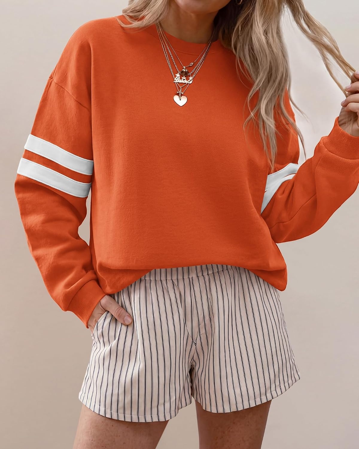 image:imageBTFBM Womens Oversized Sweatshirt Varsity Striped Tops Casual Long Sleeve Crewneck Drop Shoulder Knit Pullover SweatshirtsRetro SportyWorkSchoolHoliday2026 Fall WinterOrange