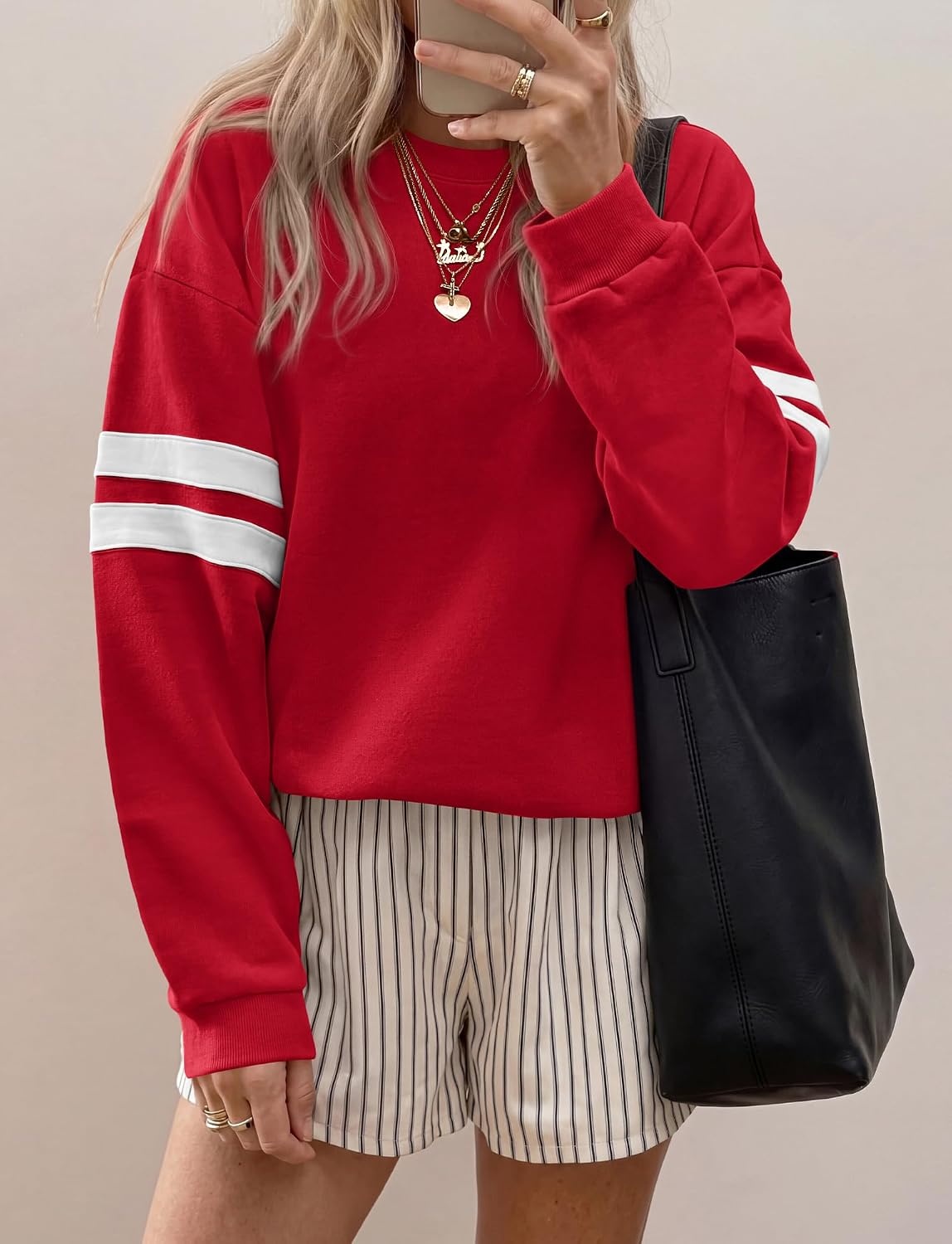 image:imageBTFBM Womens Oversized Sweatshirt Varsity Striped Tops Casual Long Sleeve Crewneck Drop Shoulder Knit Pullover SweatshirtsRetro SportyWorkSchoolHoliday2026 Fall WinterRed