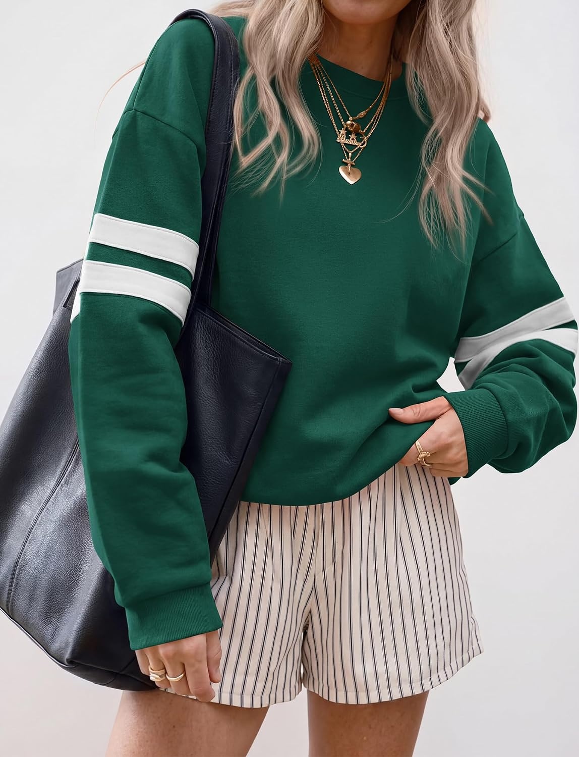 image:imageBTFBM Womens Oversized Sweatshirt Varsity Striped Tops Casual Long Sleeve Crewneck Drop Shoulder Knit Pullover SweatshirtsRetro SportyWorkSchoolHoliday2026 Fall WinterGreen