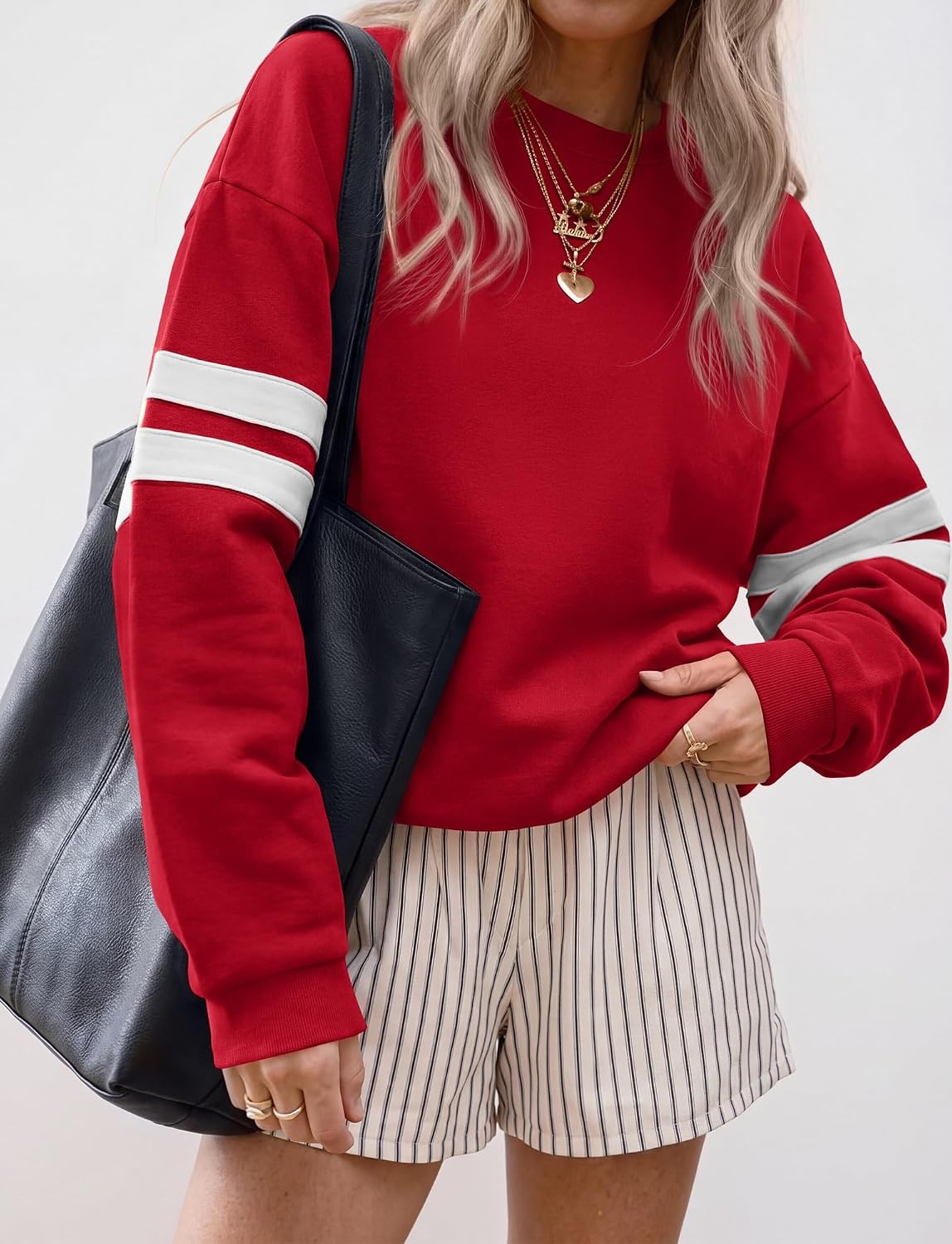 image:imageBTFBM Womens Oversized Sweatshirt Varsity Striped Tops Casual Long Sleeve Crewneck Drop Shoulder Knit Pullover SweatshirtsRetro SportyWorkSchoolHoliday2026 Fall WinterRed