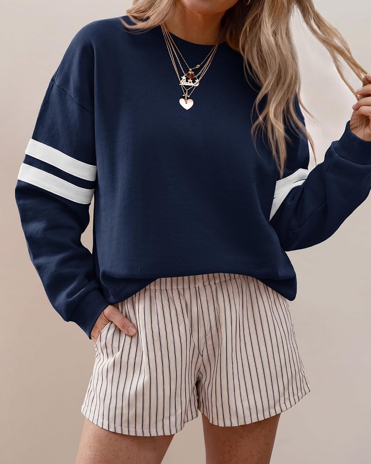 image:imageBTFBM Womens Oversized Sweatshirt Varsity Striped Tops Casual Long Sleeve Crewneck Drop Shoulder Knit Pullover SweatshirtsRetro SportyWorkSchoolHoliday2026 Fall WinterNavy Blue