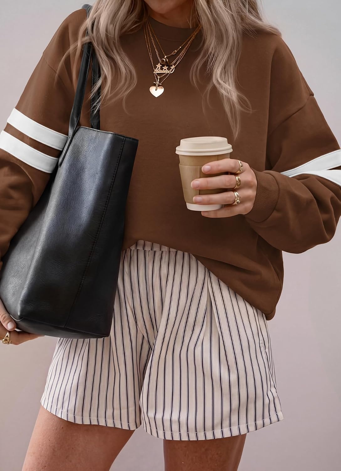 image:imageBTFBM Womens Oversized Sweatshirt Varsity Striped Tops Casual Long Sleeve Crewneck Drop Shoulder Knit Pullover SweatshirtsRetro SportyWorkSchoolHoliday2026 Fall WinterBrown