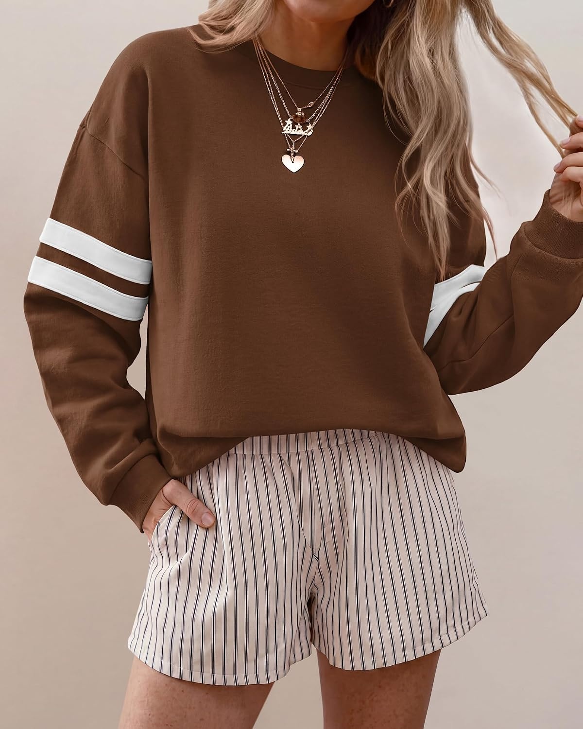 image:imageBTFBM Womens Oversized Sweatshirt Varsity Striped Tops Casual Long Sleeve Crewneck Drop Shoulder Knit Pullover SweatshirtsRetro SportyWorkSchoolHoliday2026 Fall WinterBrown