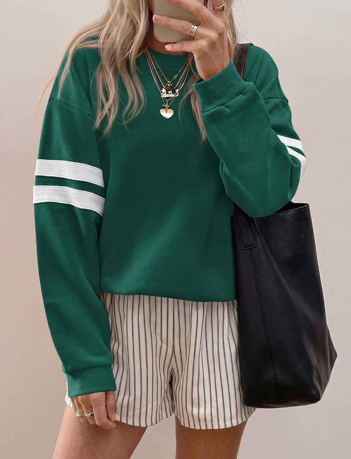 image:imageBTFBM Womens Oversized Sweatshirt Varsity Striped Tops Casual Long Sleeve Crewneck Drop Shoulder Knit Pullover SweatshirtsRetro SportyWorkSchoolHoliday2026 Fall WinterGreen